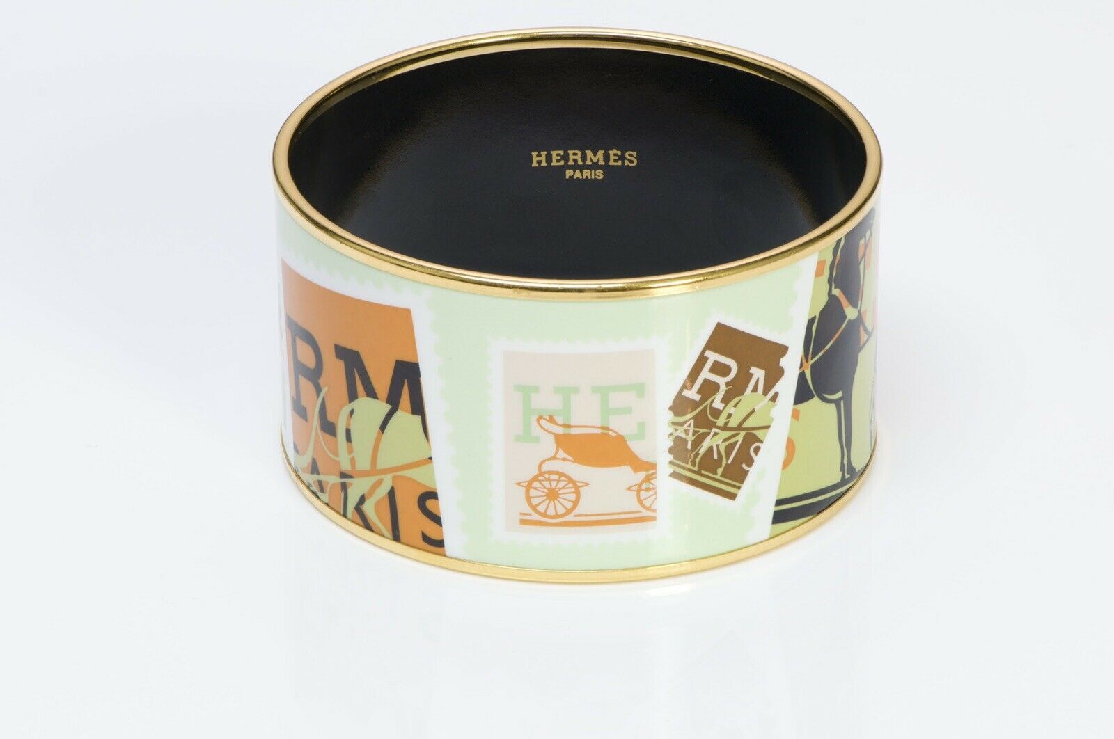 HERMES Paris Wide Stamps Theme Logo Enamel Bangle Bracelet