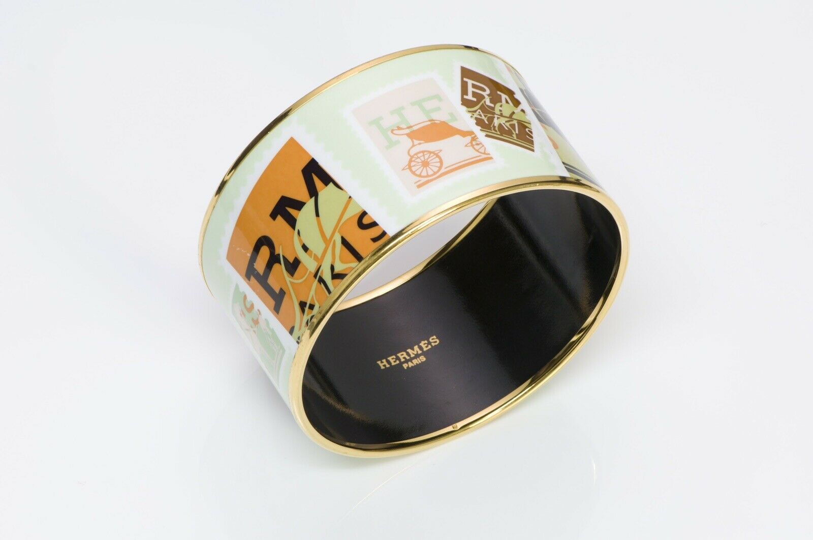 HERMES Paris Wide Stamps Theme Logo Enamel Bangle Bracelet