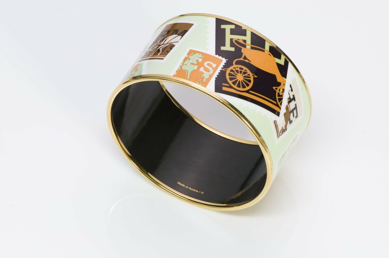 HERMES Paris Wide Stamps Theme Logo Enamel Bangle Bracelet