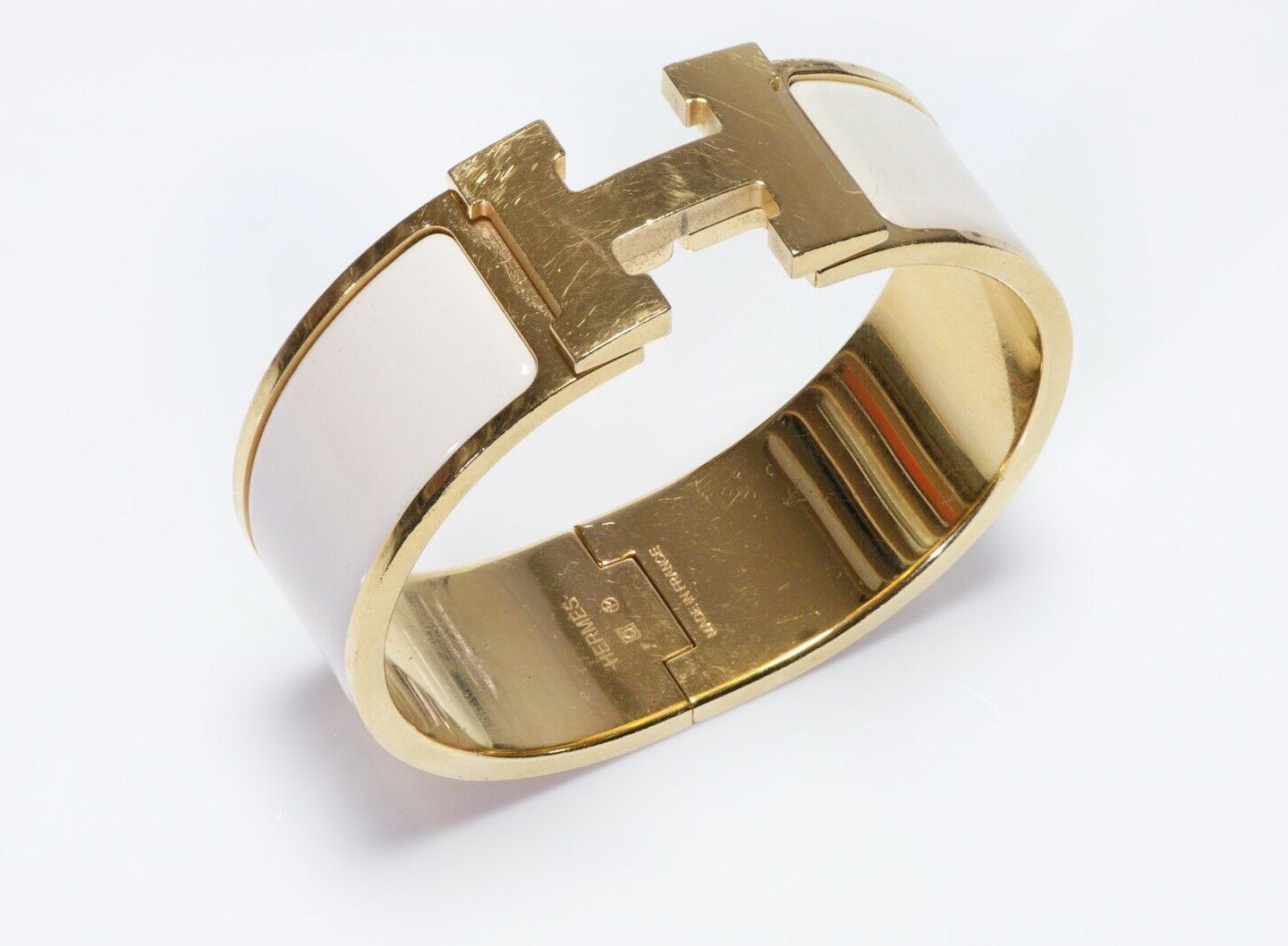 HERMES Paris Wide White Enamel Clic Clac H Bracelet PM