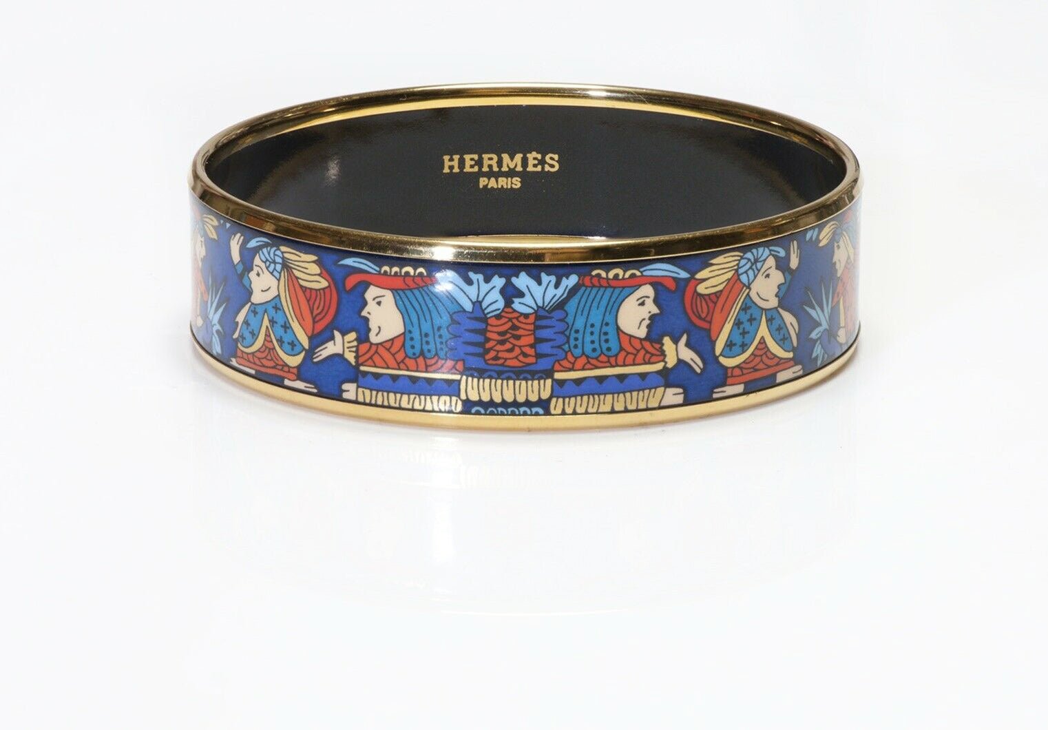 HERMES Wide Blue Enamel American Indian Pattern Bangle Bracelet