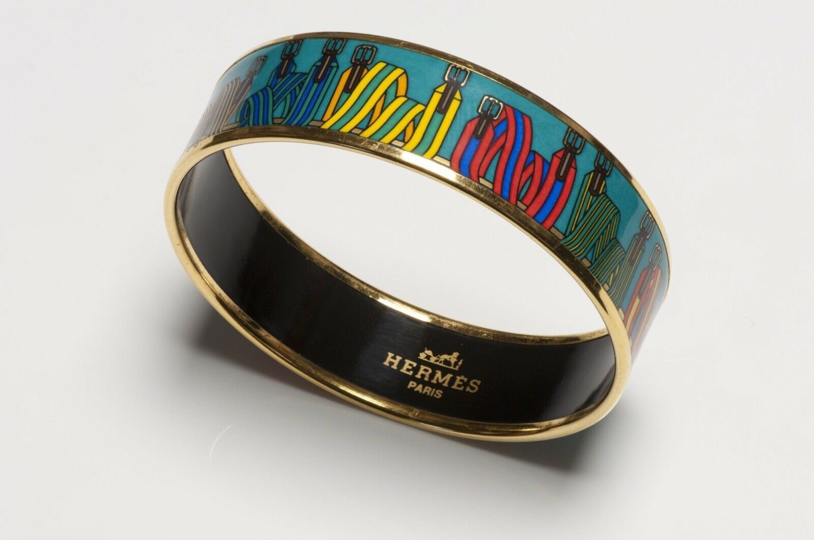 HERMES Wide Enamel Ribbon Buckle Equestrian J.Metz Bangle Bracelet