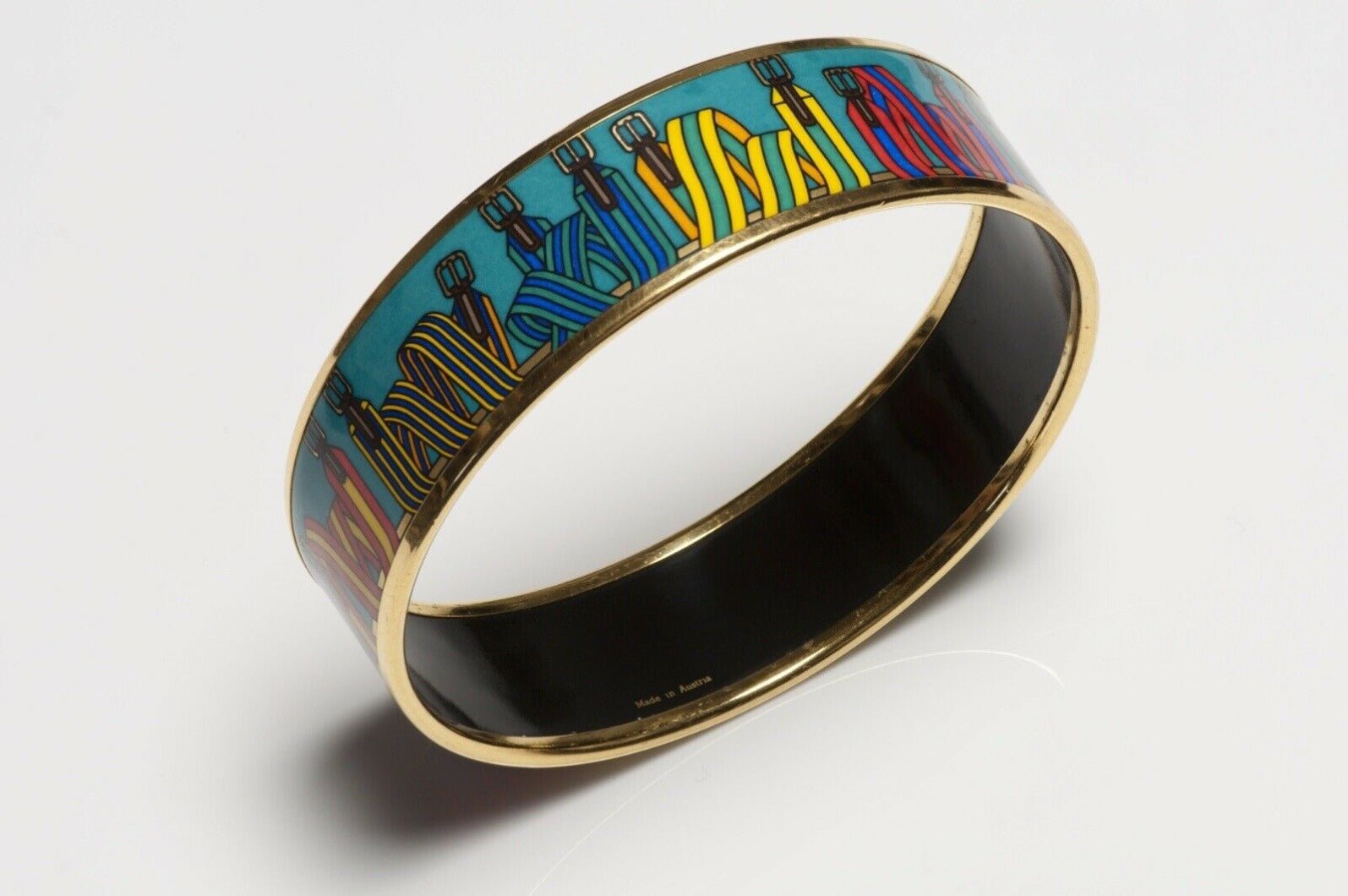 HERMES Wide Enamel Ribbon Buckle Equestrian J.Metz Bangle Bracelet
