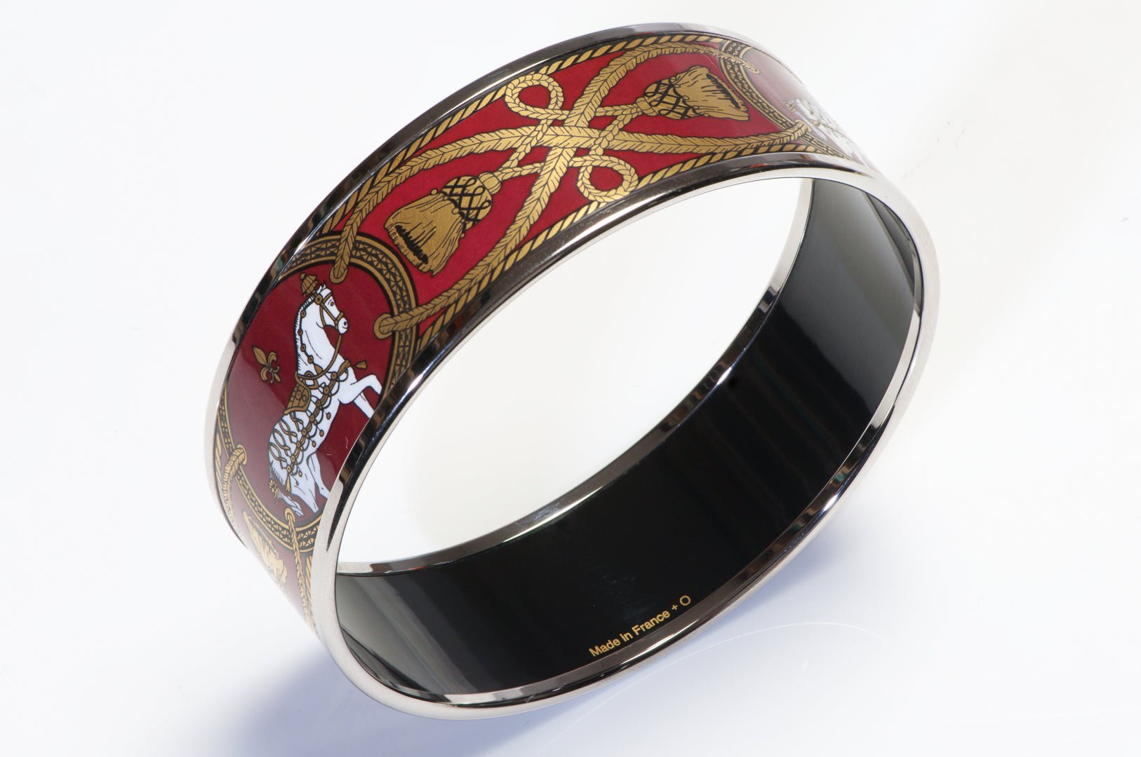 Hermes Wide Palladium Plated Red Enamel Equestrian Horse Bangle Bracelet