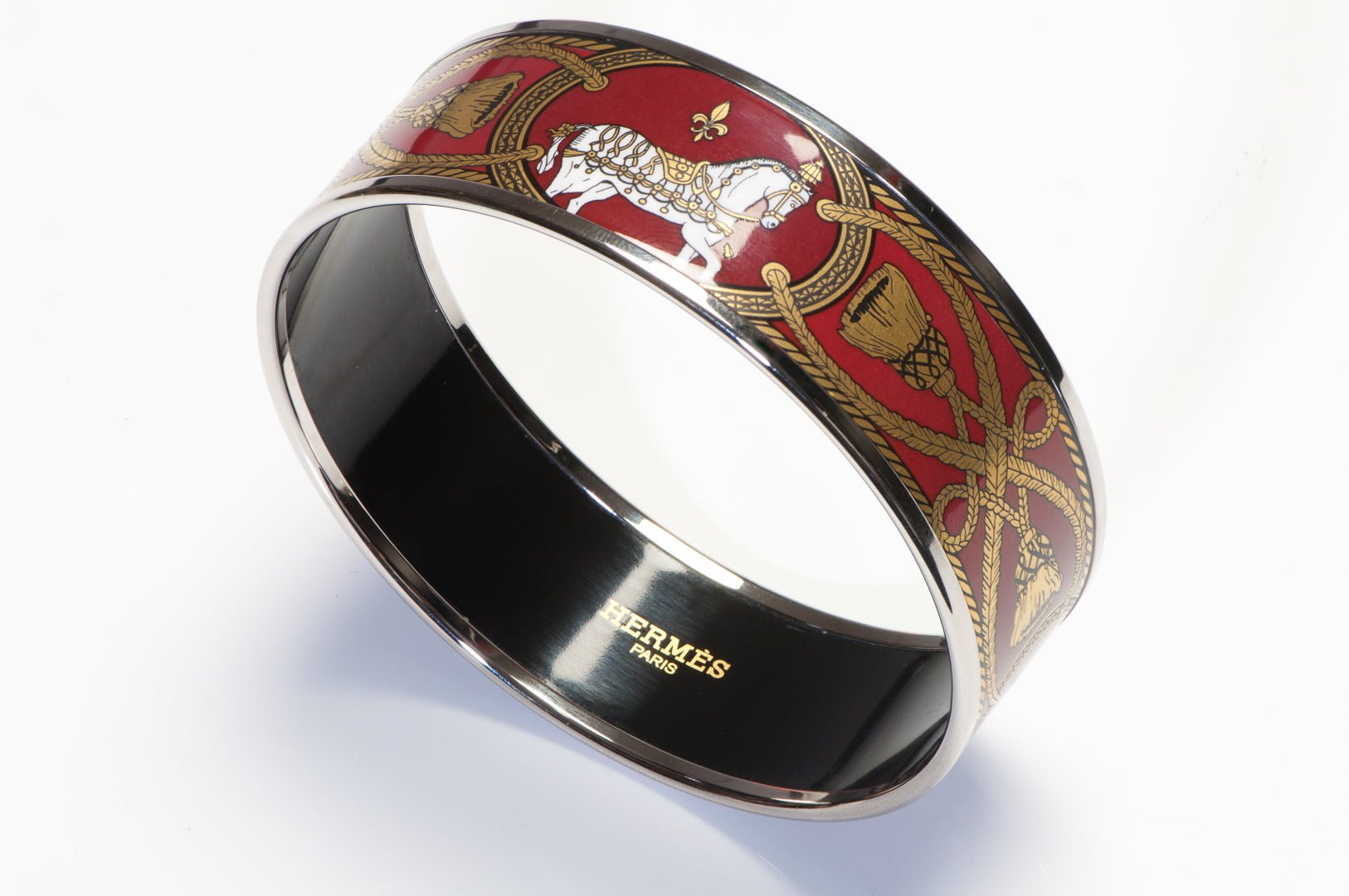 Hermes Wide Palladium Plated Red Enamel Equestrian Horse Bangle Bracelet