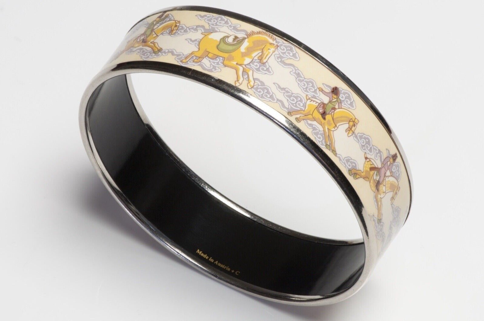 HERMES Wide Palladium Plated Yellow Enamel Equestrian Horse Bangle Bracelet