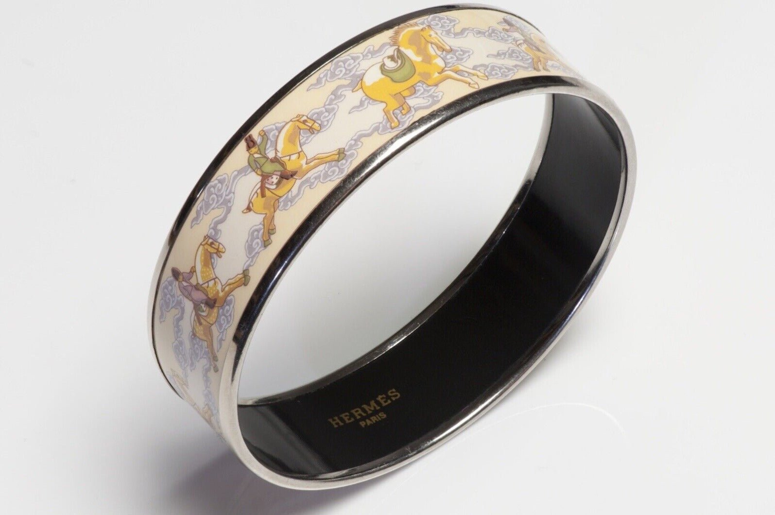 HERMES Wide Palladium Plated Yellow Enamel Equestrian Horse Bangle Bracelet