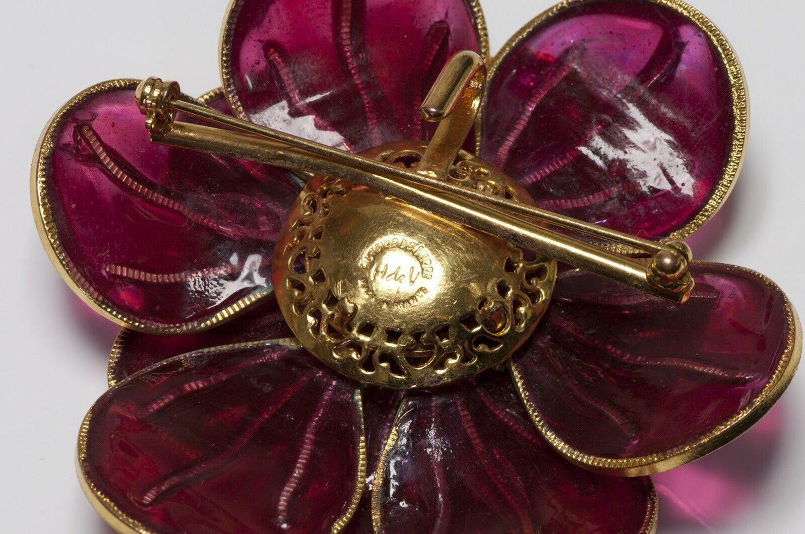 Histoire de Verre Gripoix Red Glass Camellia Flower Pendant Brooch