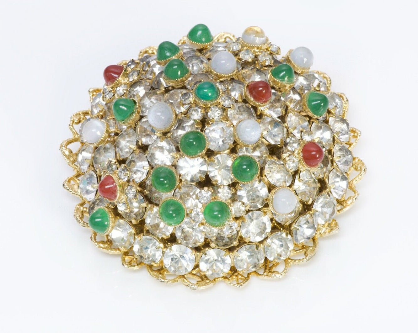 HOBE 1950’s Gold Tone Green Red Glass Crystal Dome Brooch