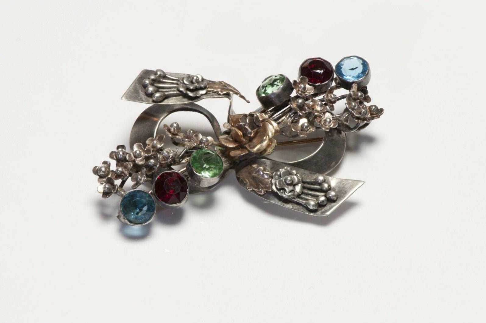 HOBE Sterling Silver Red Blue Green Crystal Flower Bow Brooch