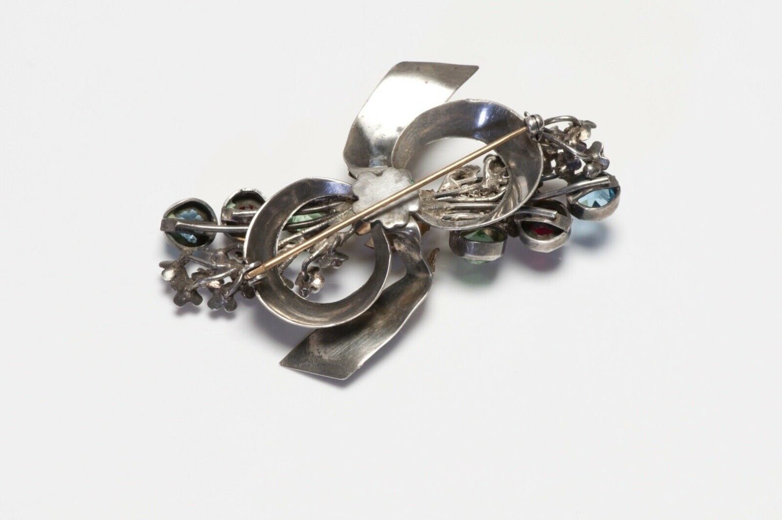 HOBE Sterling Silver Red Blue Green Crystal Flower Bow Brooch