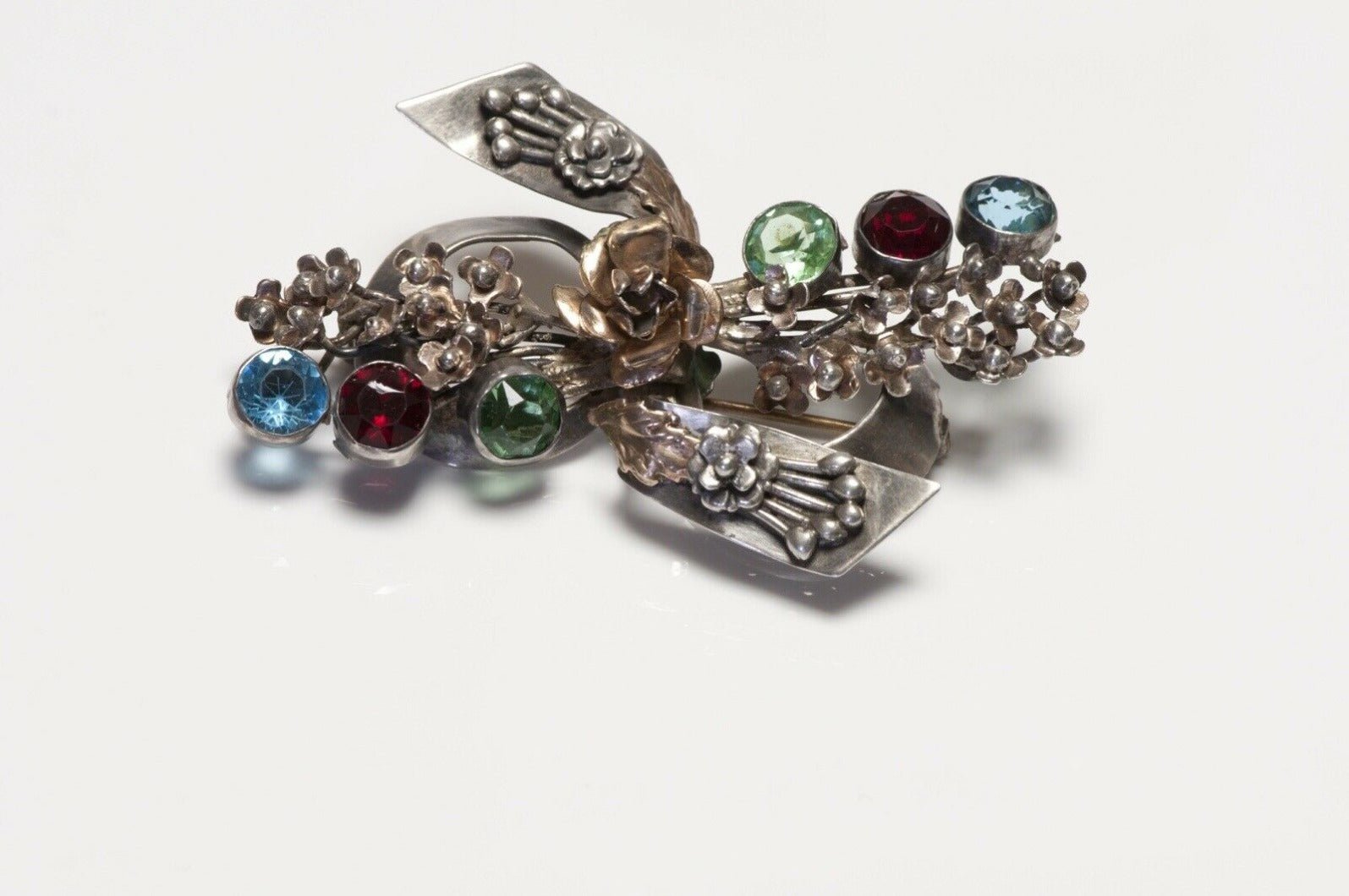 HOBE Sterling Silver Red Blue Green Crystal Flower Bow Brooch