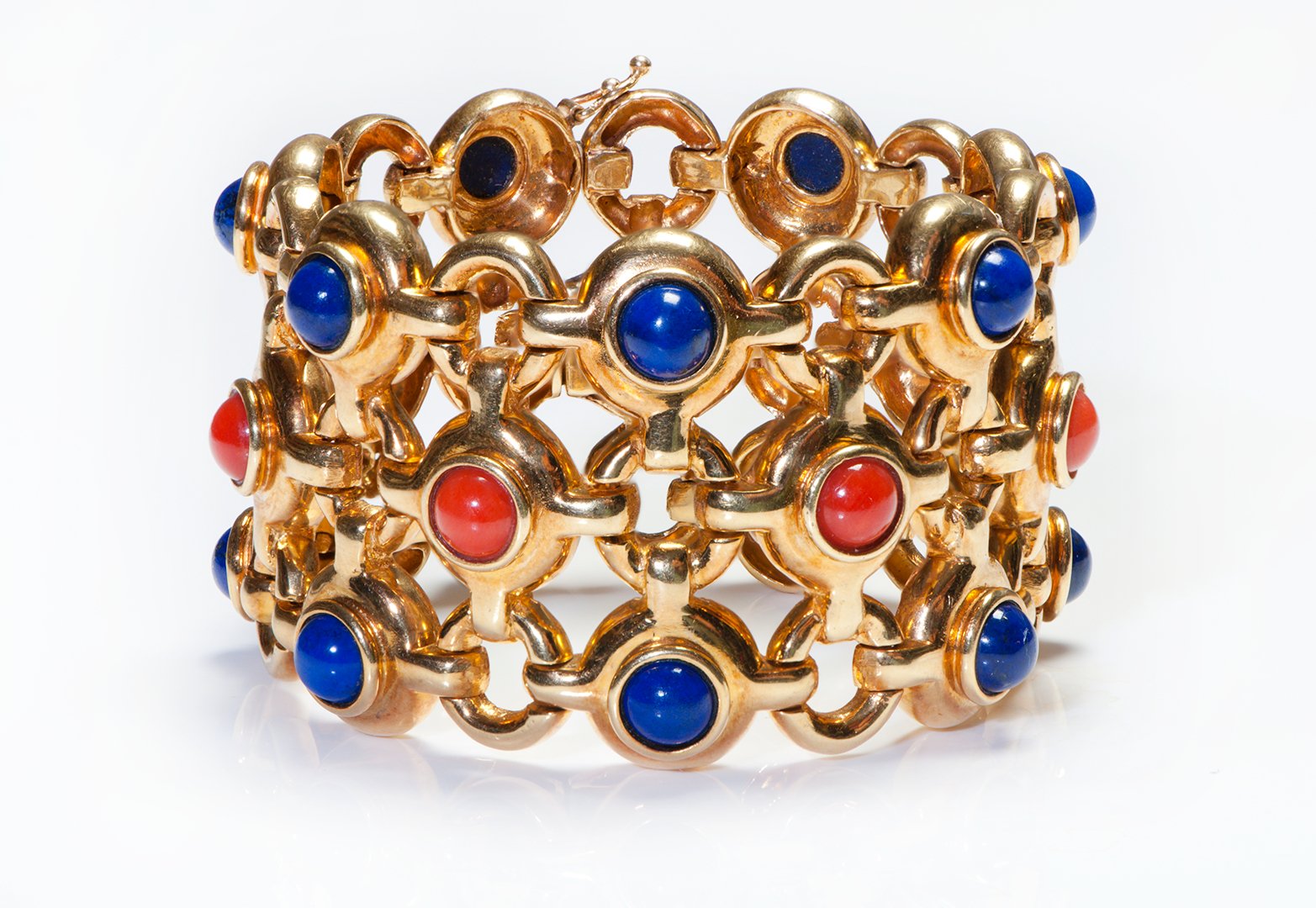 Impressive Wide 18K Gold Lapis Coral Bracelet