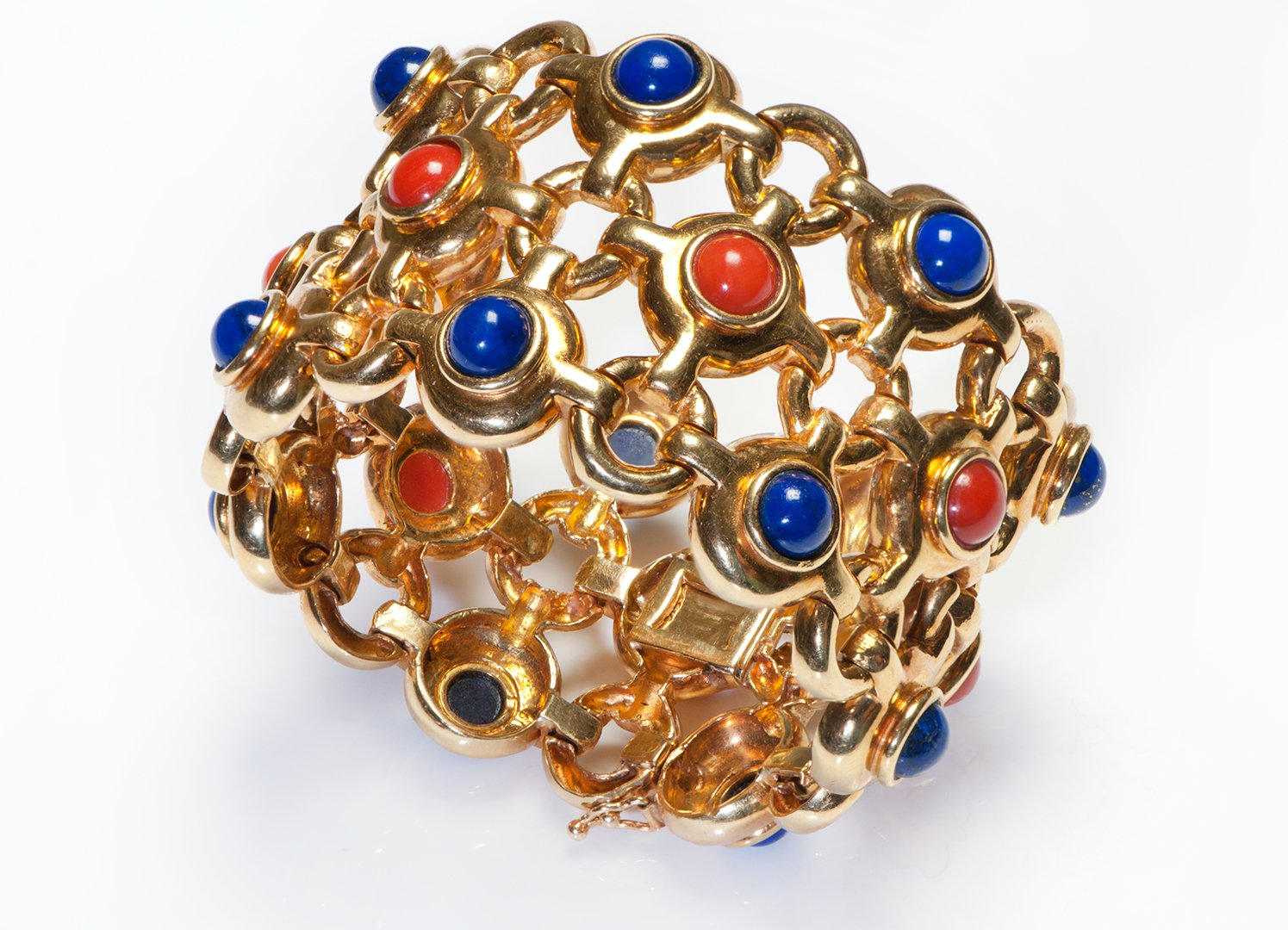 Impressive Wide 18K Gold Lapis Coral Bracelet