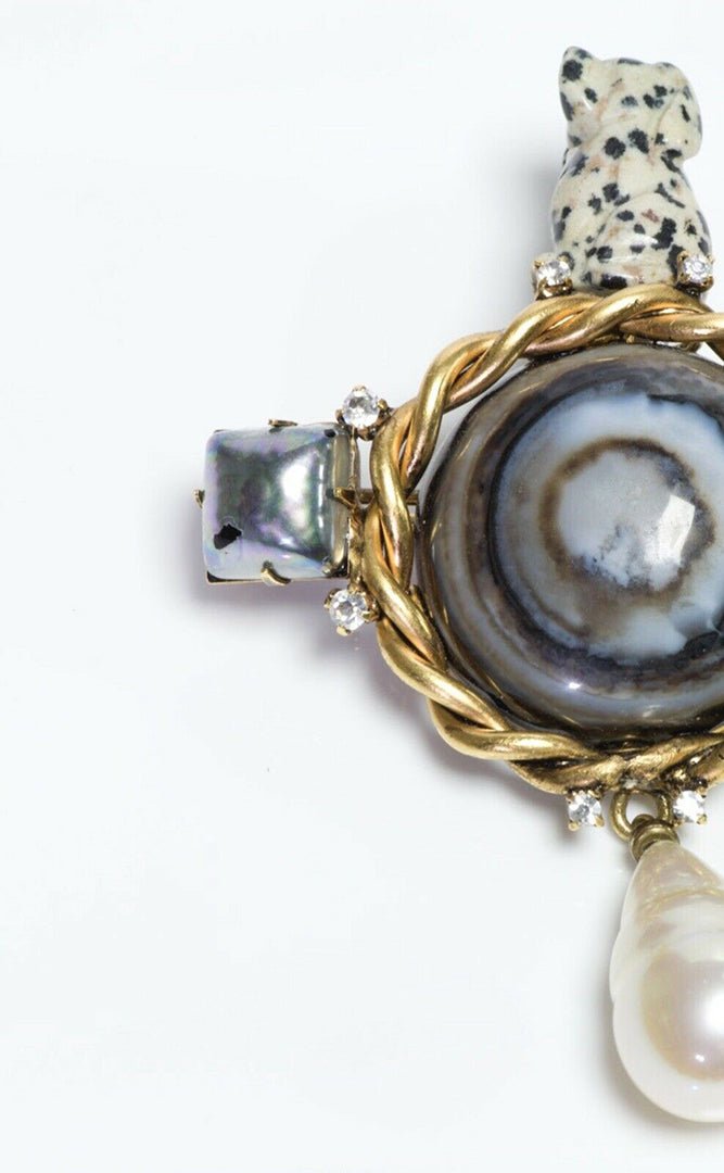 IRADJ MOINI Agate Stone Dalmatian Dog Figurine Crystal Pearl Drop Brooch
