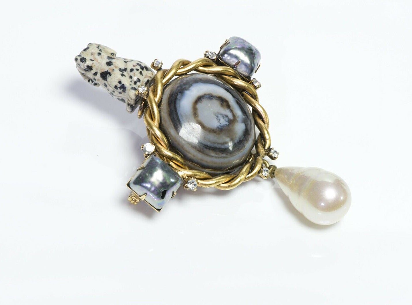 IRADJ MOINI Agate Stone Dalmatian Dog Figurine Crystal Pearl Drop Brooch