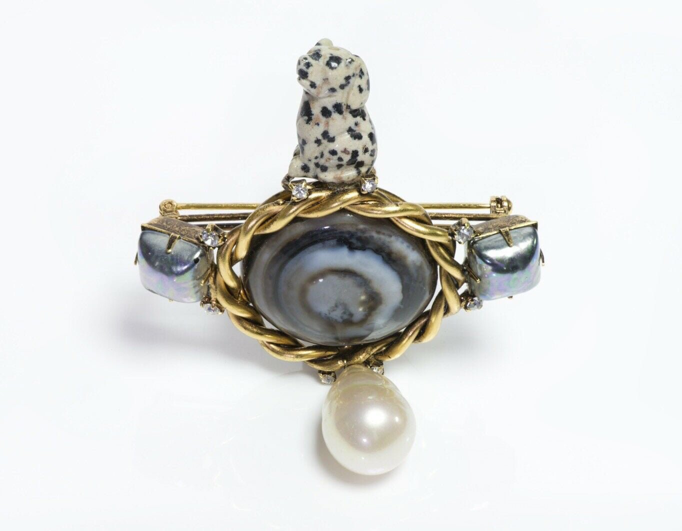 IRADJ MOINI Agate Stone Dalmatian Dog Figurine Crystal Pearl Drop Brooch