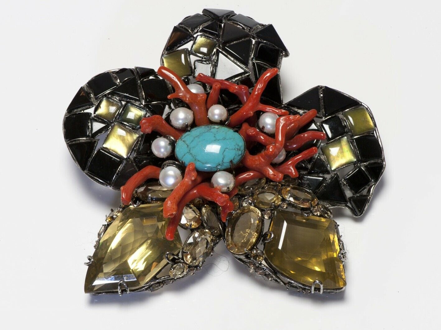 Iradj Moini Citrine Coral Onyx Turquoise Pearl Flower Pendant Brooch