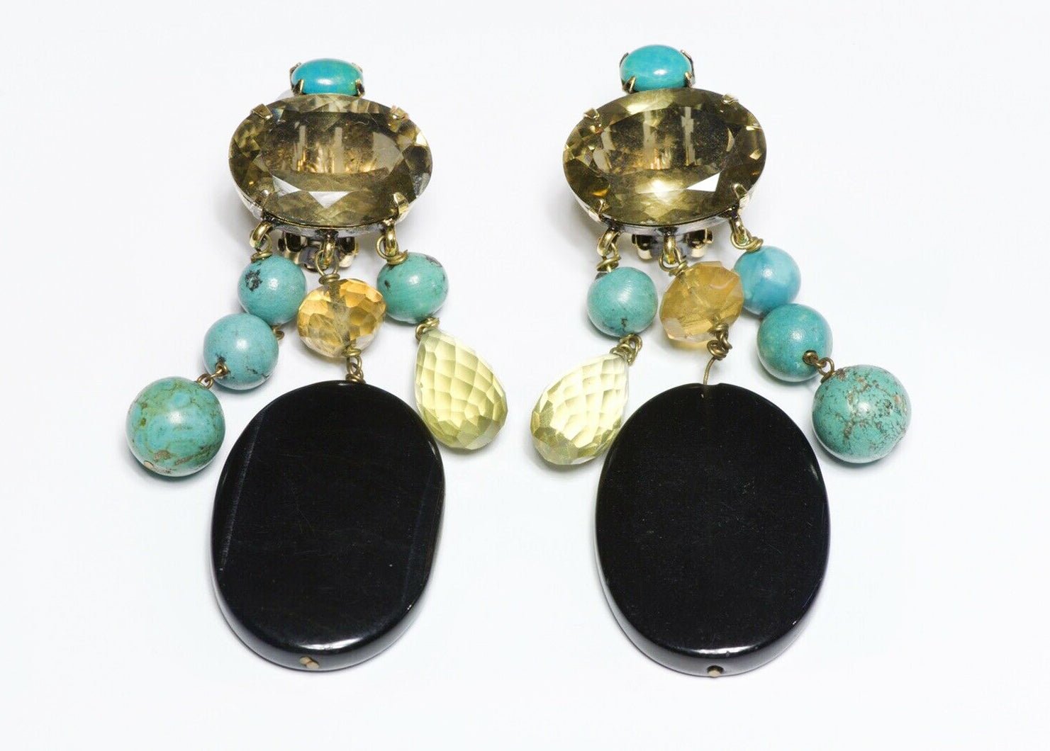 Iradj Moini Long Briolette Citrine Turquoise Onyx Earrings