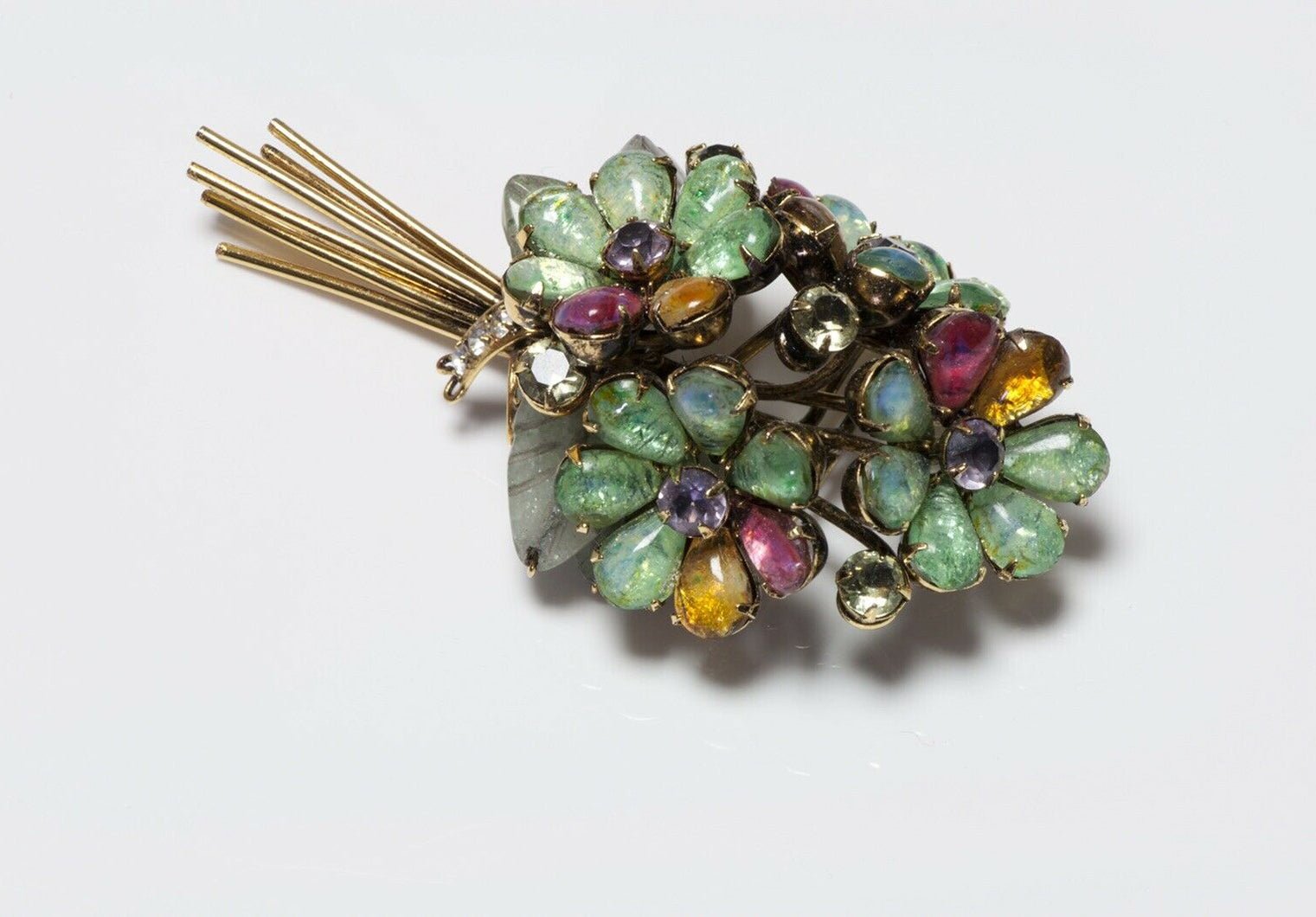 Iradj Moini Poured Glass Agate Carved Leaf Flower Bouquet Brooch