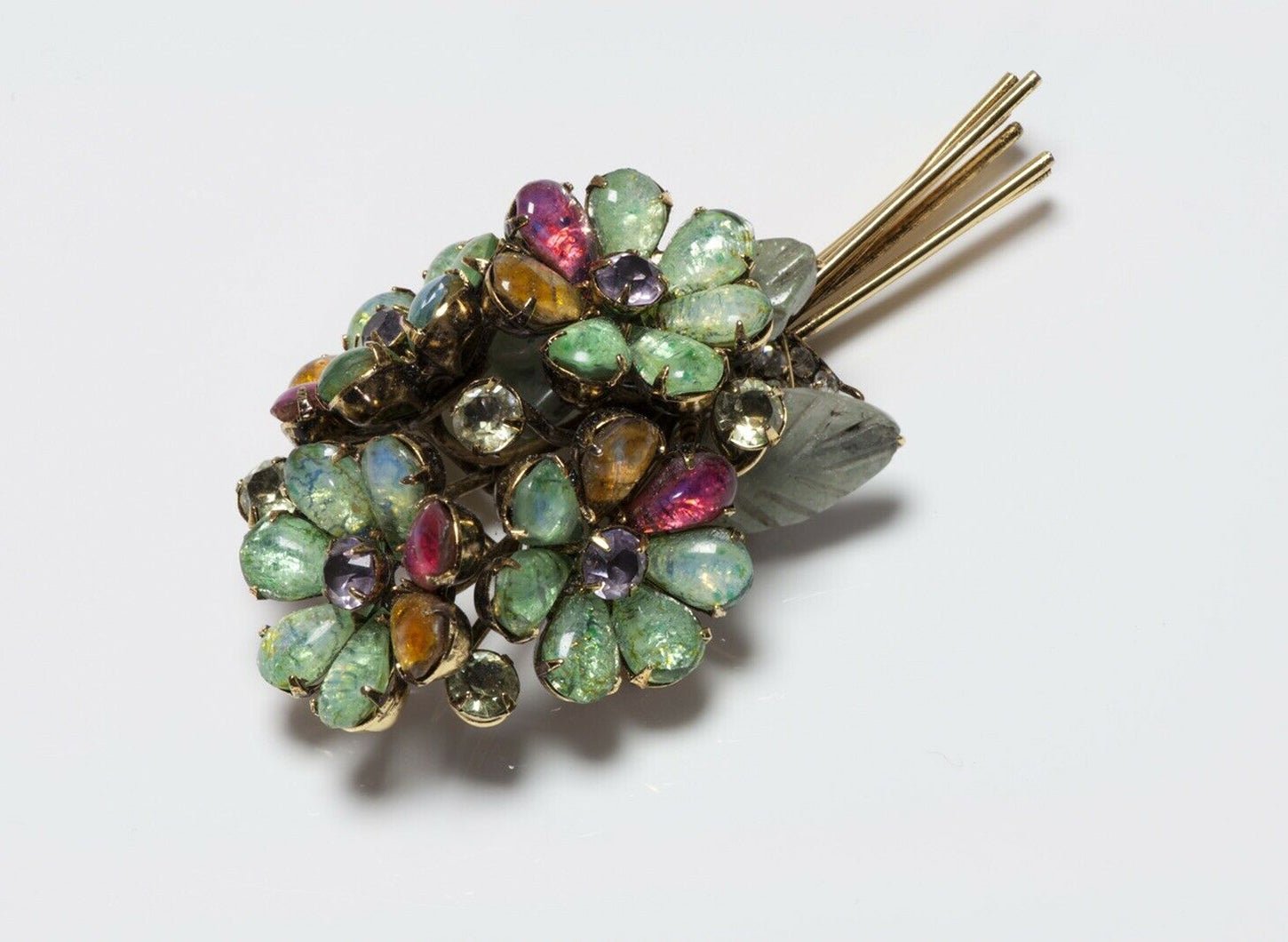 Iradj Moini Poured Glass Agate Carved Leaf Flower Bouquet Brooch