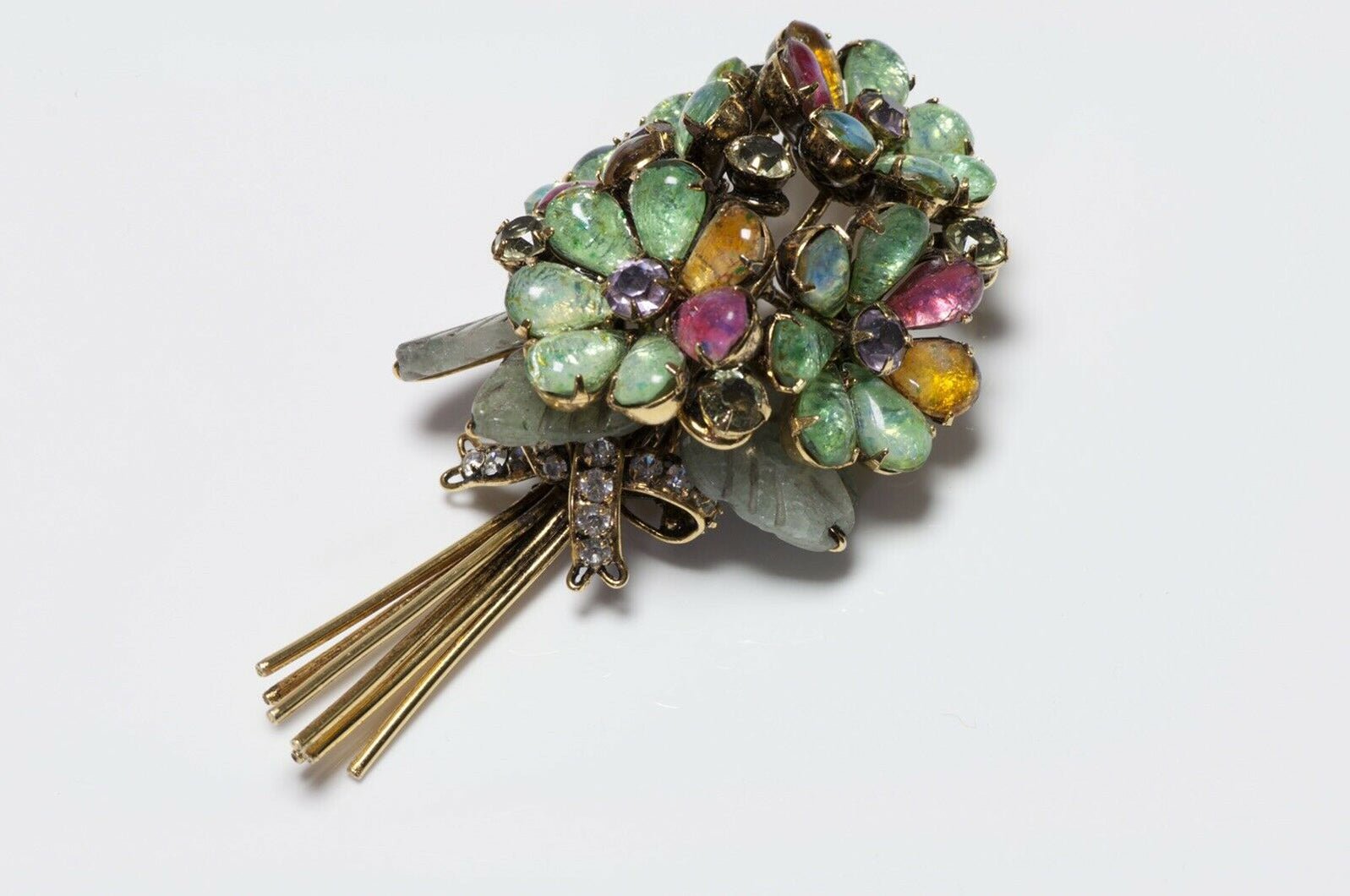 Iradj Moini Poured Glass Agate Carved Leaf Flower Bouquet Brooch