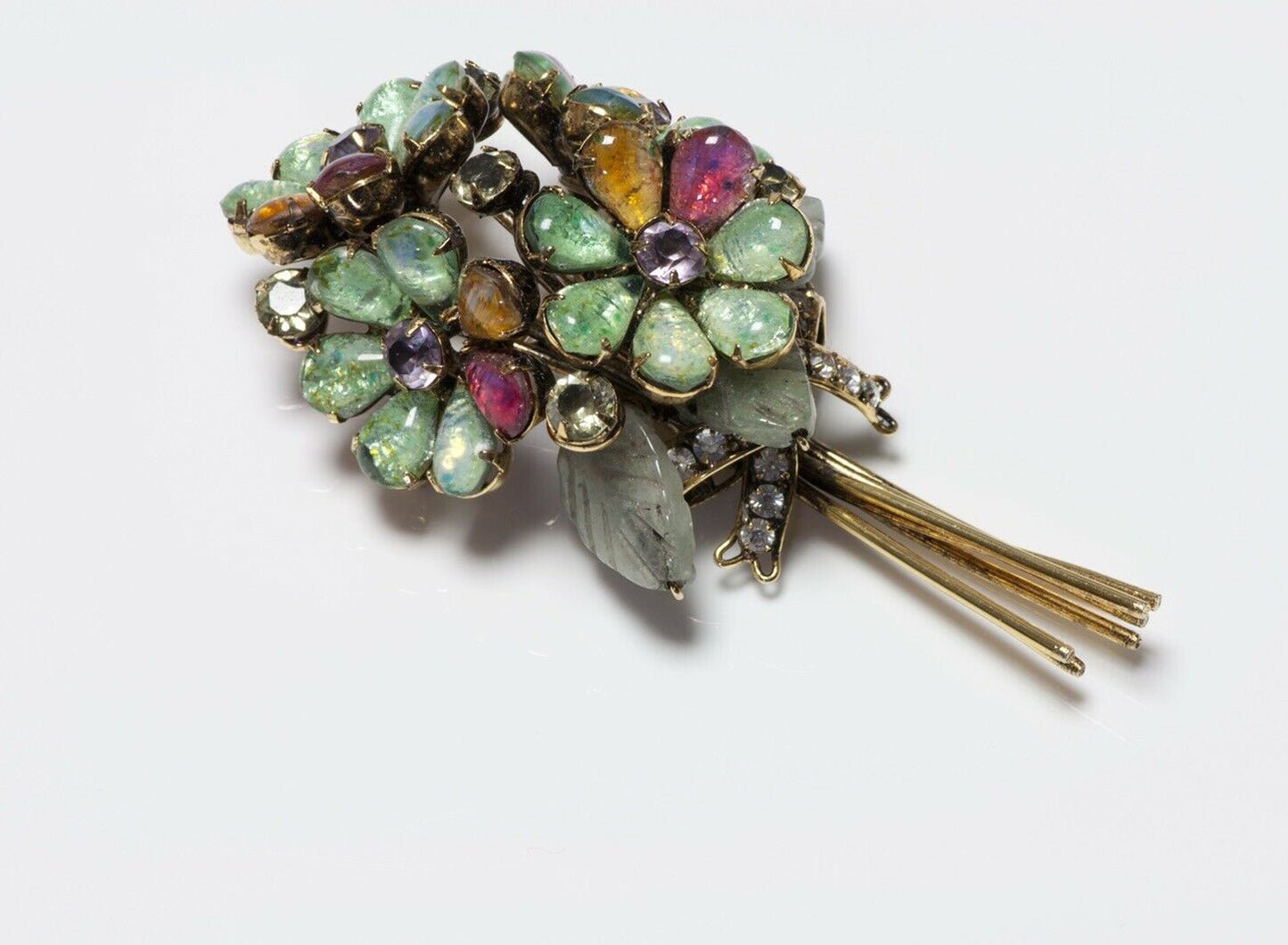 Iradj Moini Poured Glass Agate Carved Leaf Flower Bouquet Brooch