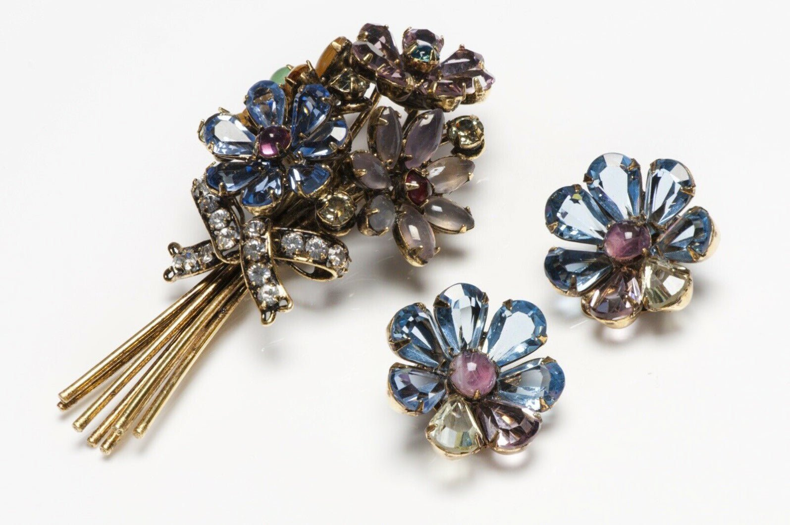 Iradj Moini Semiprecious Stones Flower Bouquet Brooch Earrings Set