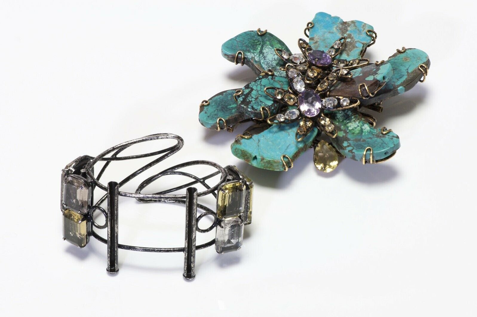 Iradj Moini Turquoise Amethyst Citrine Flower Convertible Brooch Cuff Bracelet