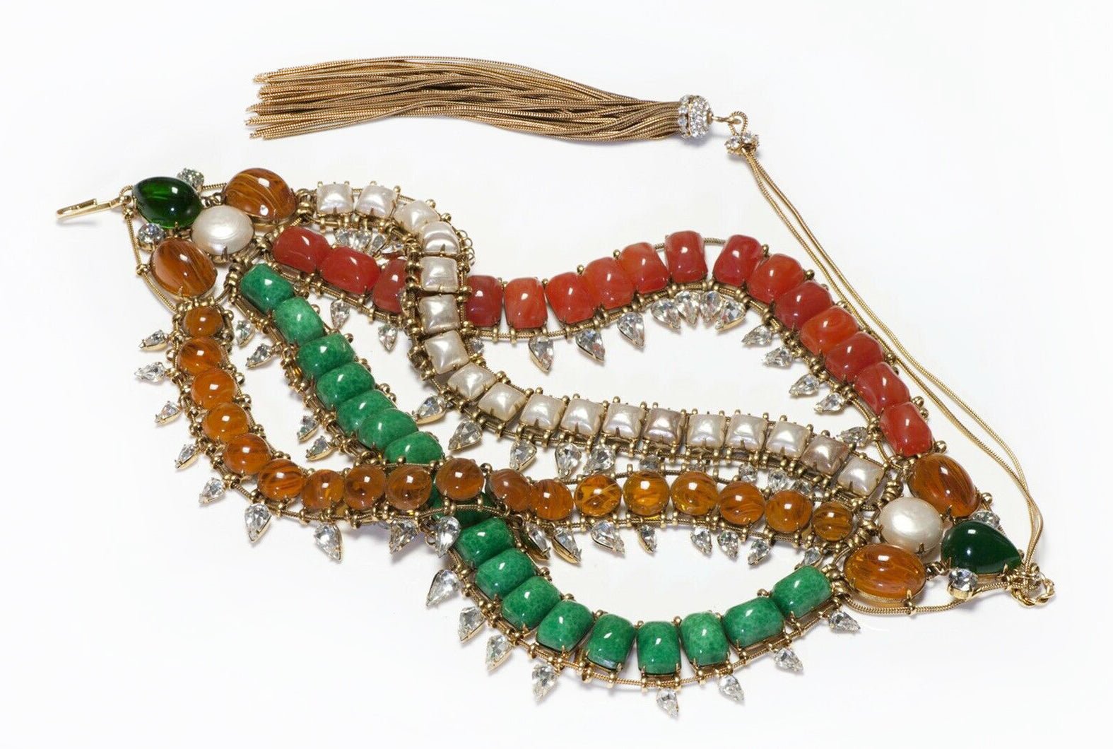 Iradj Moini Yellow Green Glass Crystal Pearl Collar Tassel Necklace