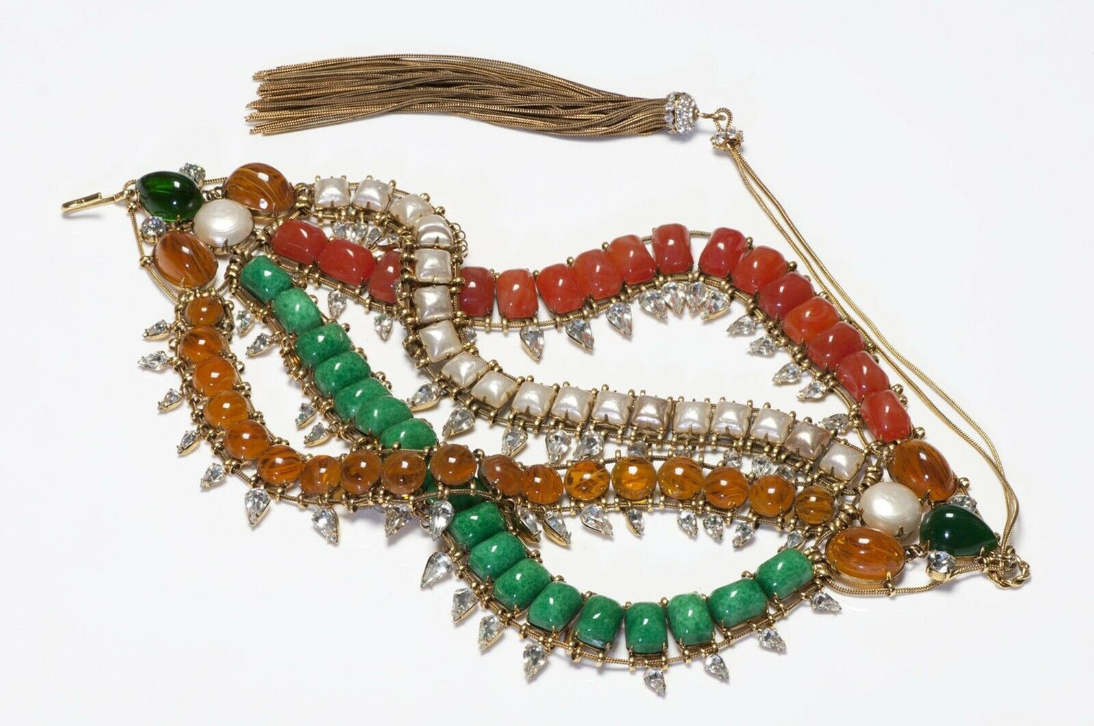 Iradj Moini Yellow Green Glass Crystal Pearl Collar Tassel Necklace