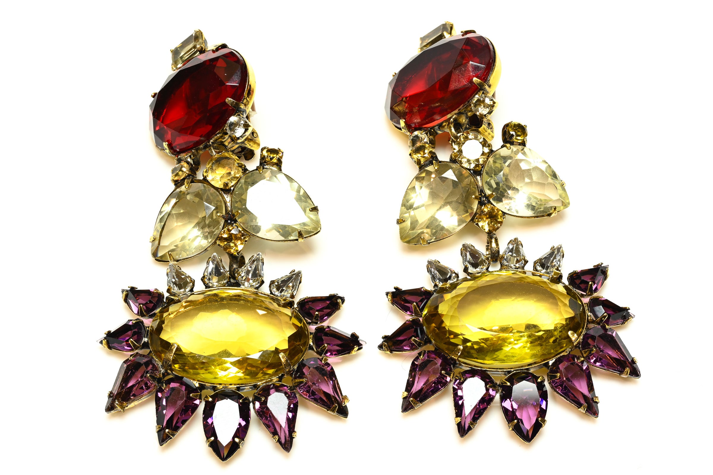 Vintage Iradj Moini Amethyst Citrine Red Crystal Chandelier Earrings 2