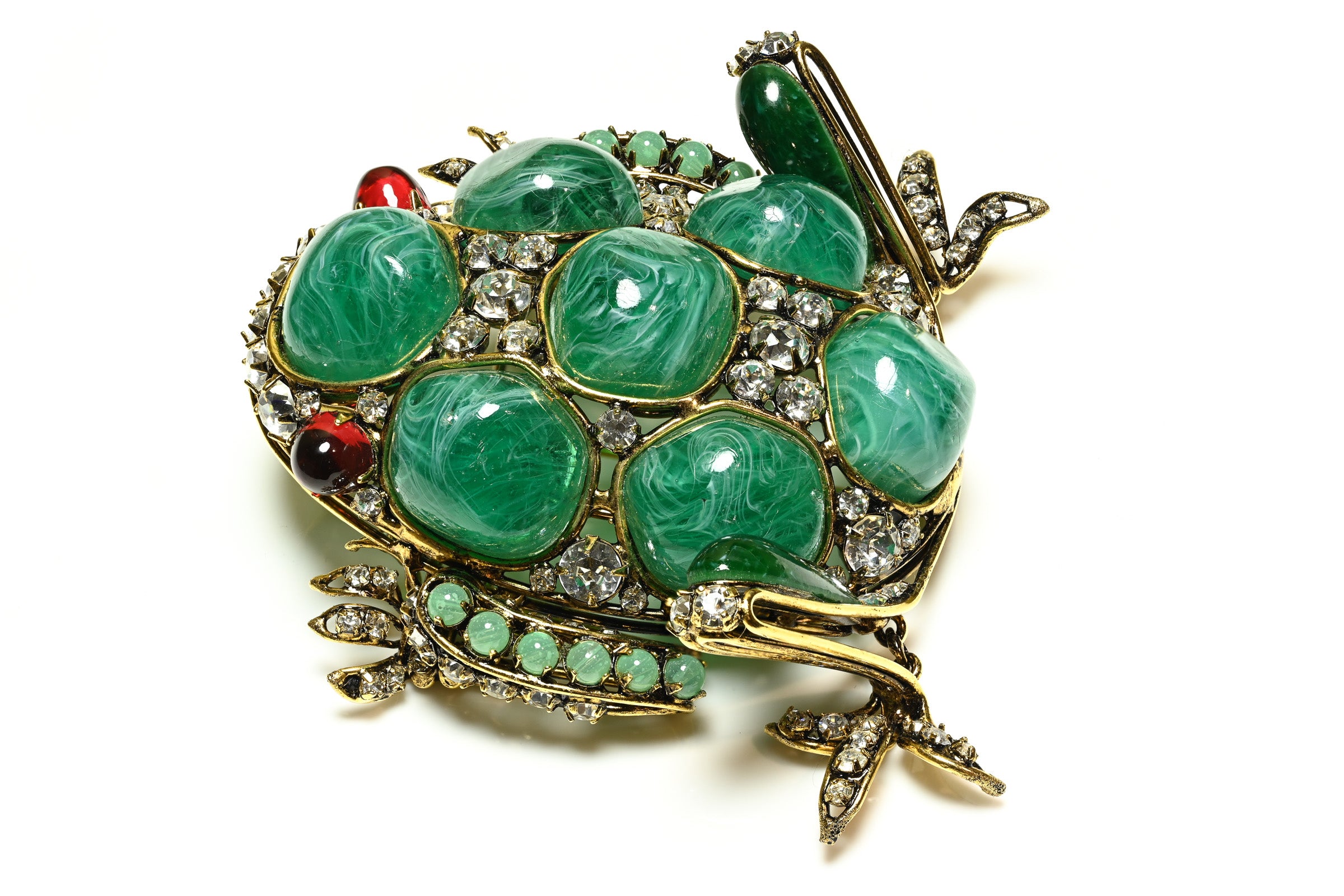 Iradj Moini Green Red Cabochon Glass Frog Brooch