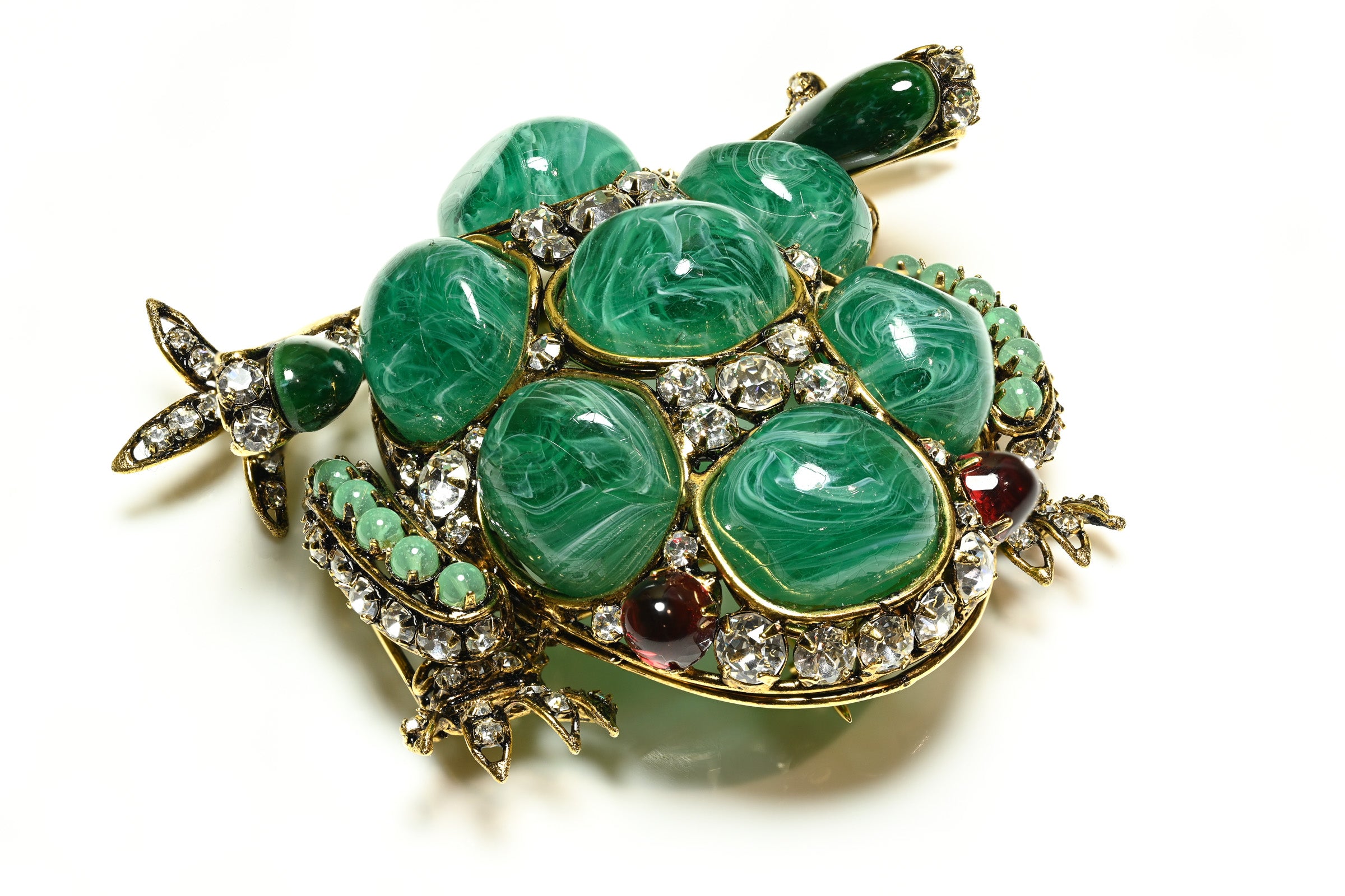Iradj Moini Large Green Red Cabochon Glass Crystal Frog Brooch