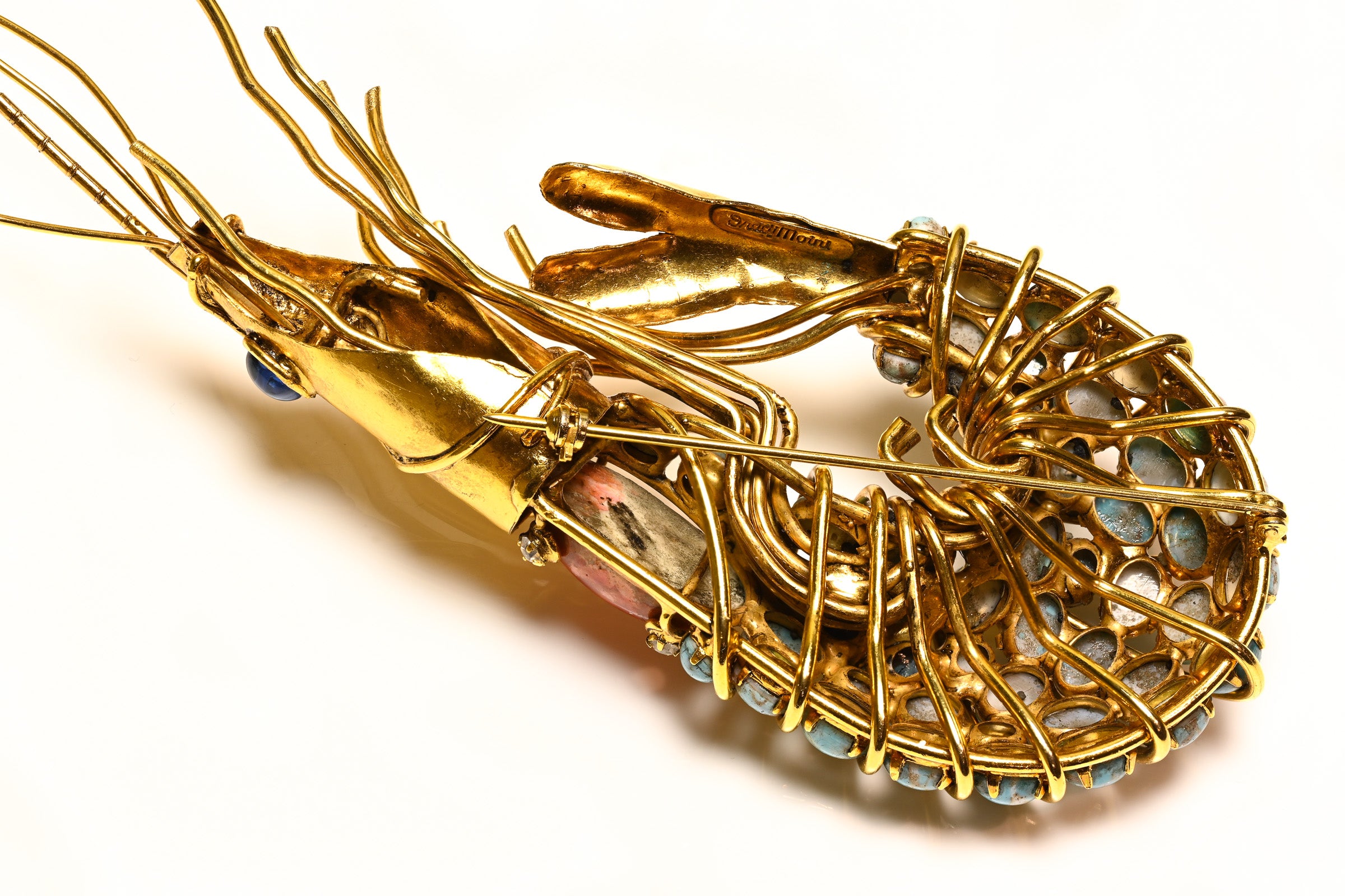 Iradj Moini Turquoise Blue Coral Cabochon Shrimp Brooch