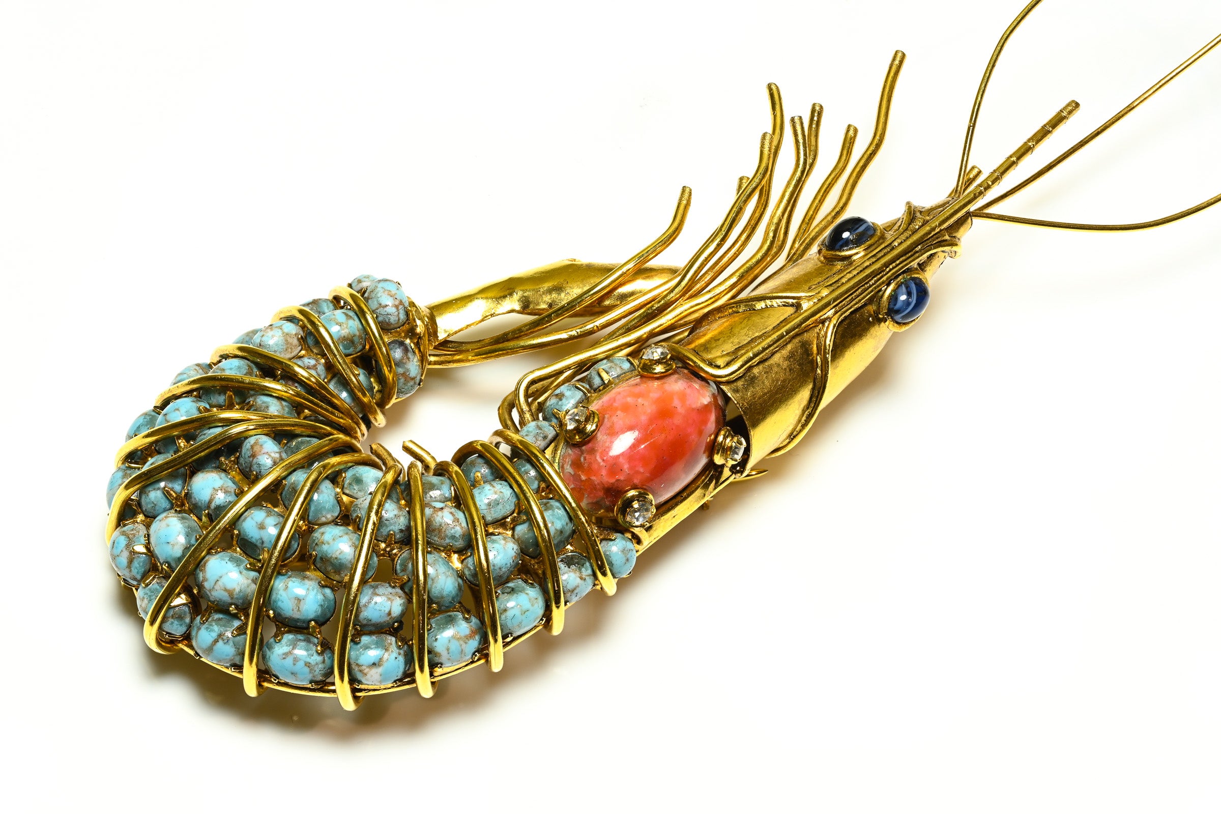 Iradj Moini Turquoise Blue Coral Cabochon Large Shrimp Brooch
