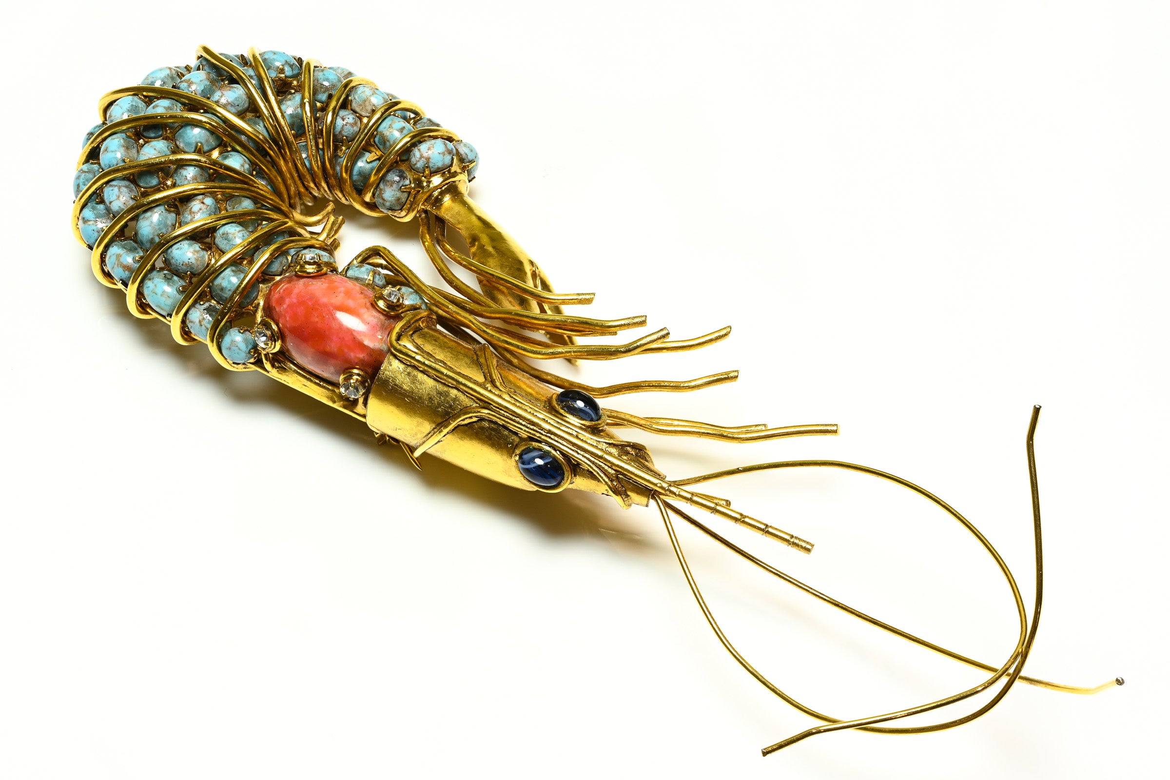 Iradj Moini Turquoise Blue Coral Cabochon Large Crawfish Shrimp Brooch