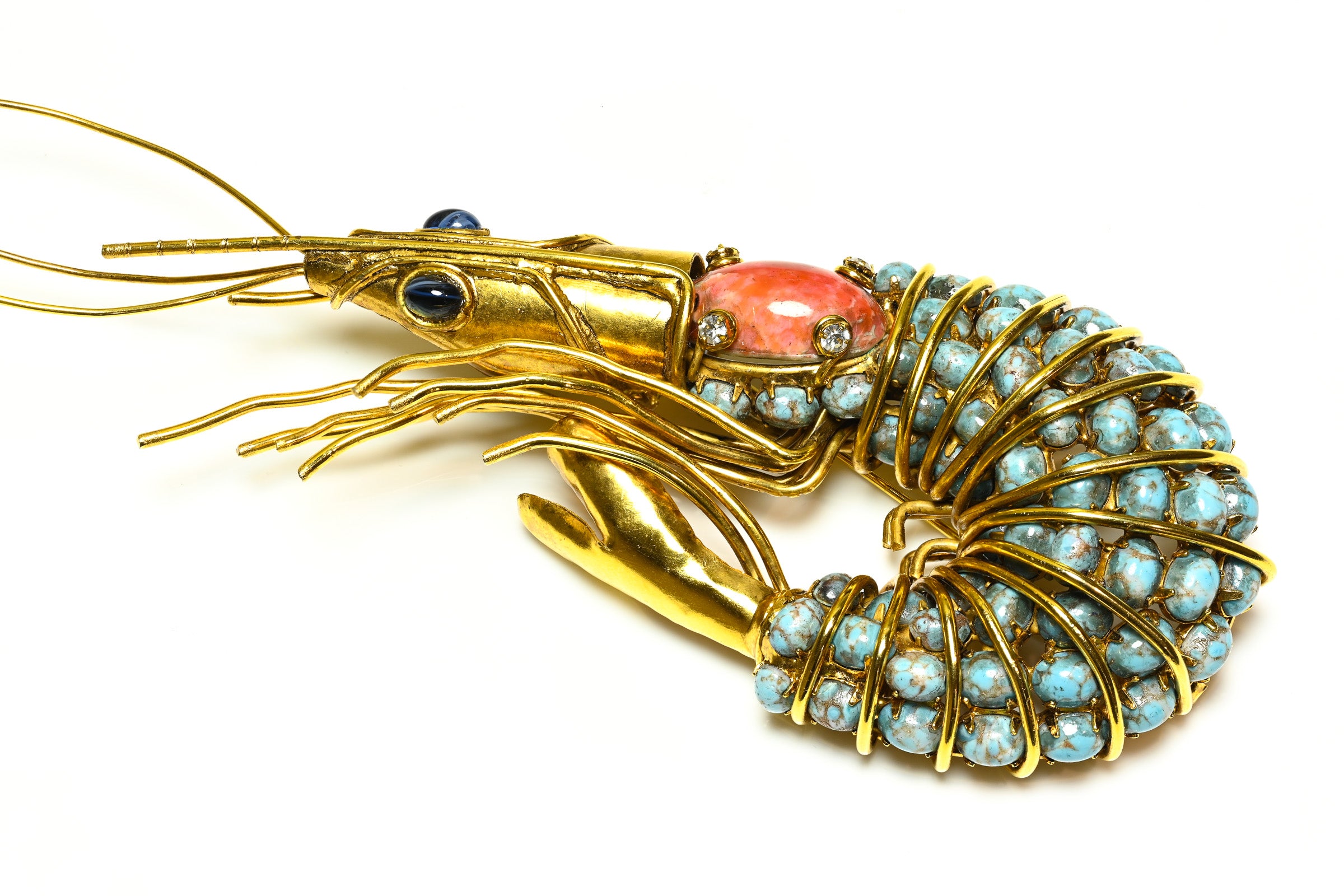 Iradj Moini Turquoise Blue Coral Cabochon Crawfish Shrimp Brooch