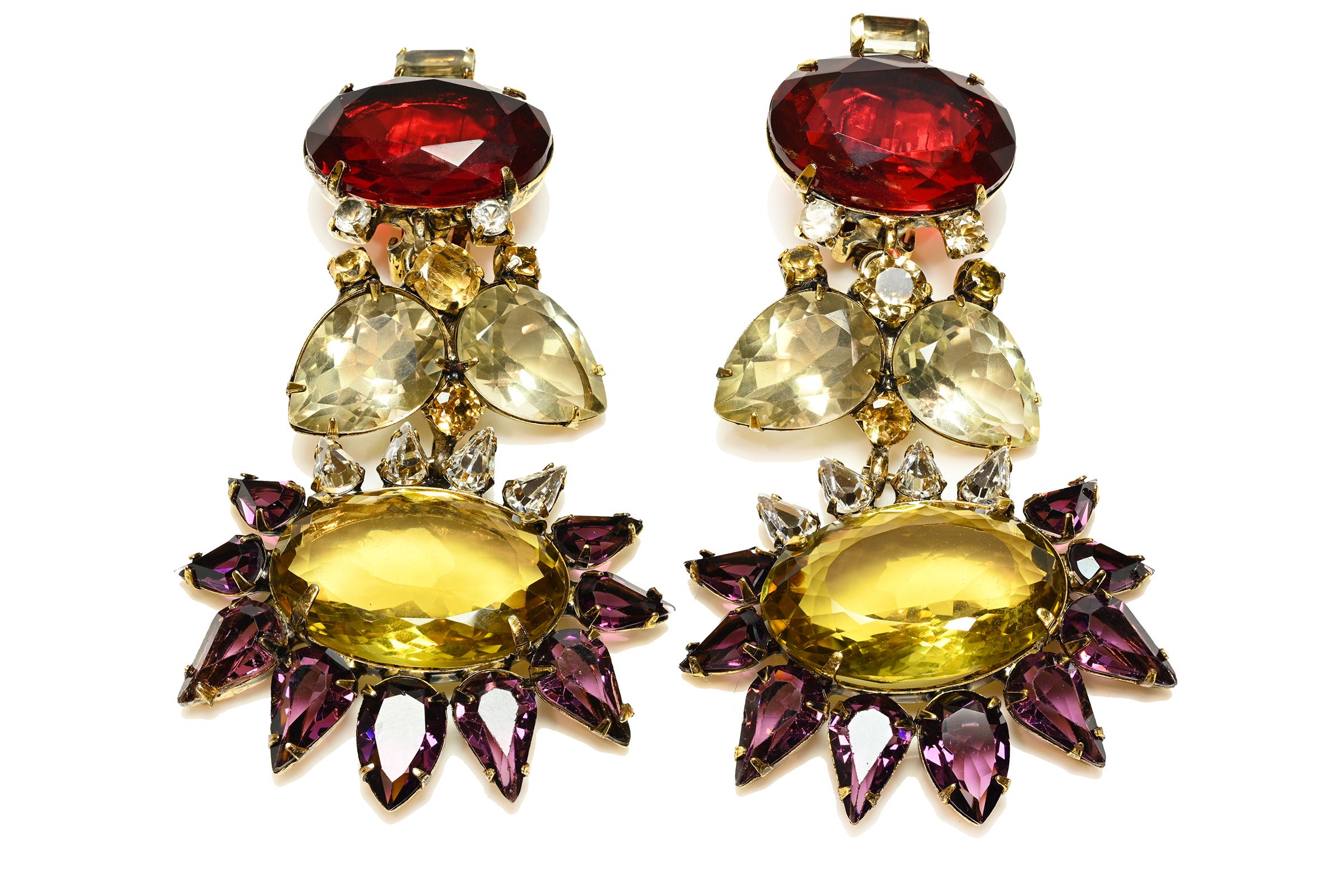 Vintage Iradj Moini Amethyst Citrine Red Crystal Chandelier Earrings