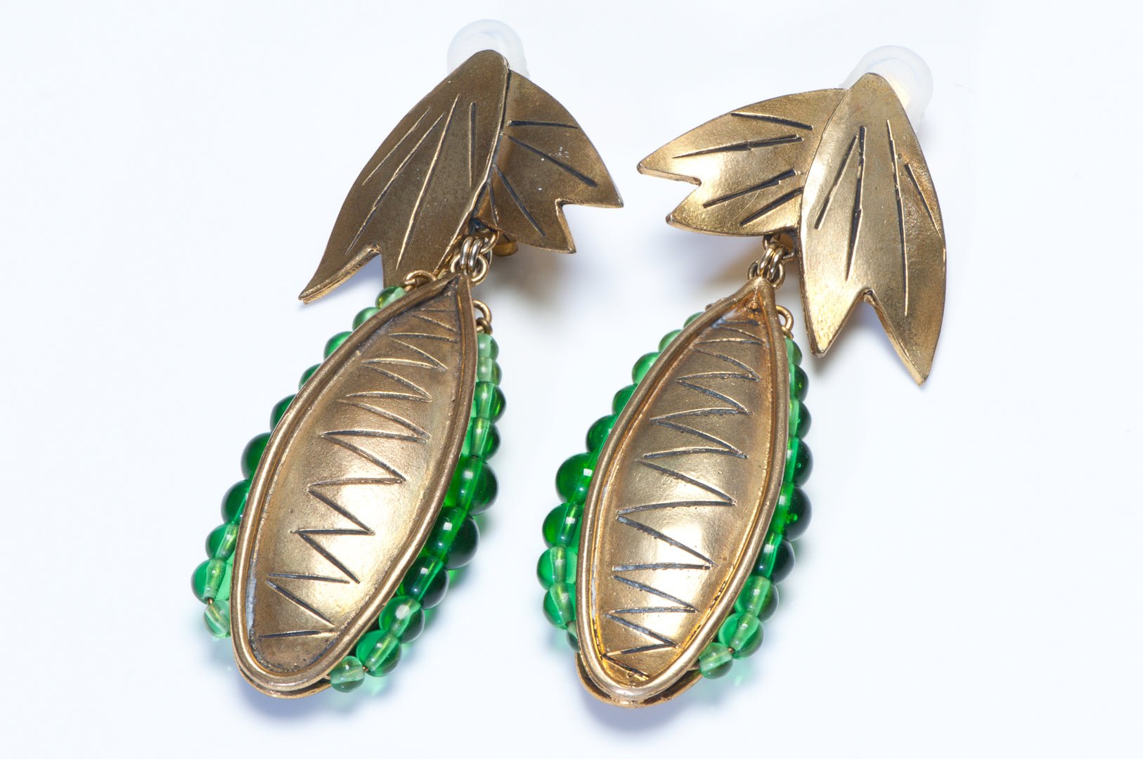 Isabel Canovas 1980’s Maison Gripoix Green Glass Beads Pea in the Pod Earrings