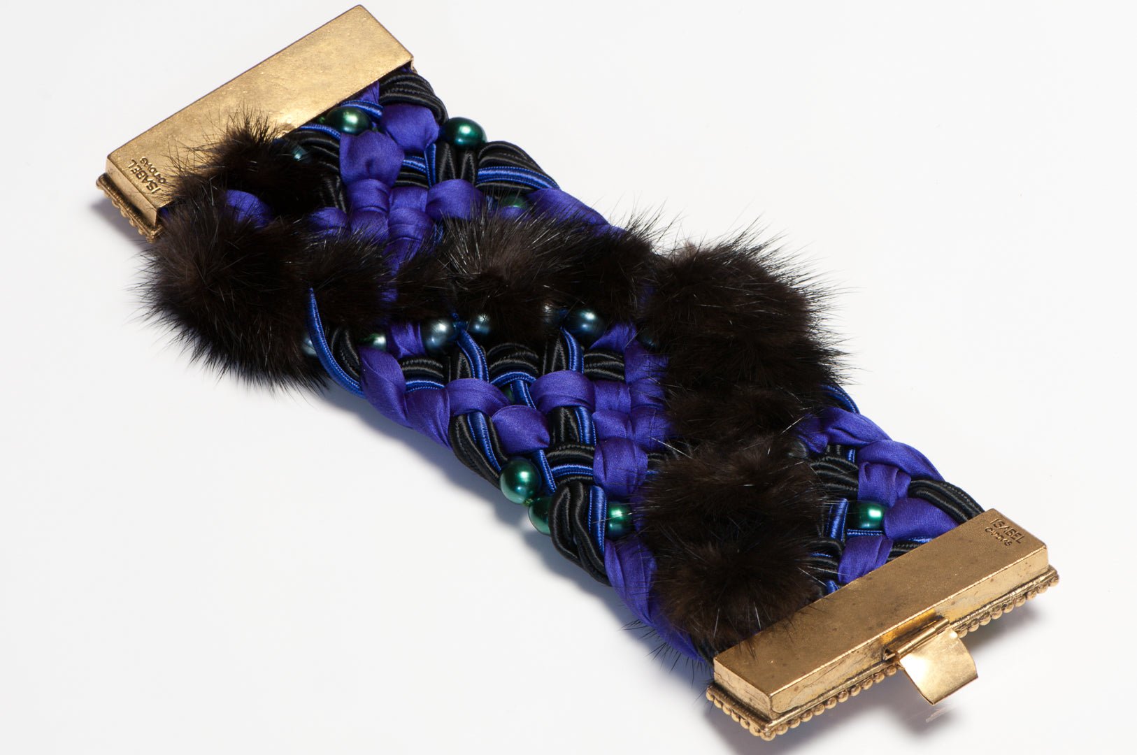 Isabel Canovas 1980’s Purple Woven Silk Mink Fur Gripoix Glass Pearl Bracelet