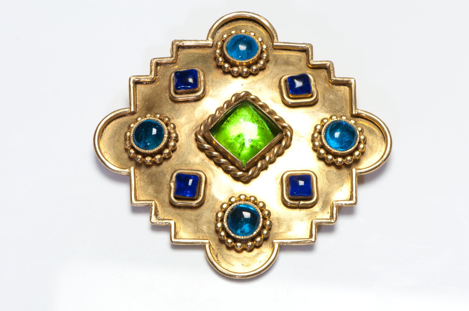 Isabel Canovas Paris Maison Gripoix Blue Green Glass Brooch Pendant Earrings Set