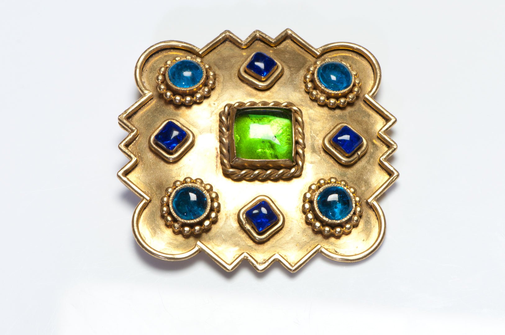 Isabel Canovas Paris Maison Gripoix Blue Green Glass Brooch Pendant Earrings Set