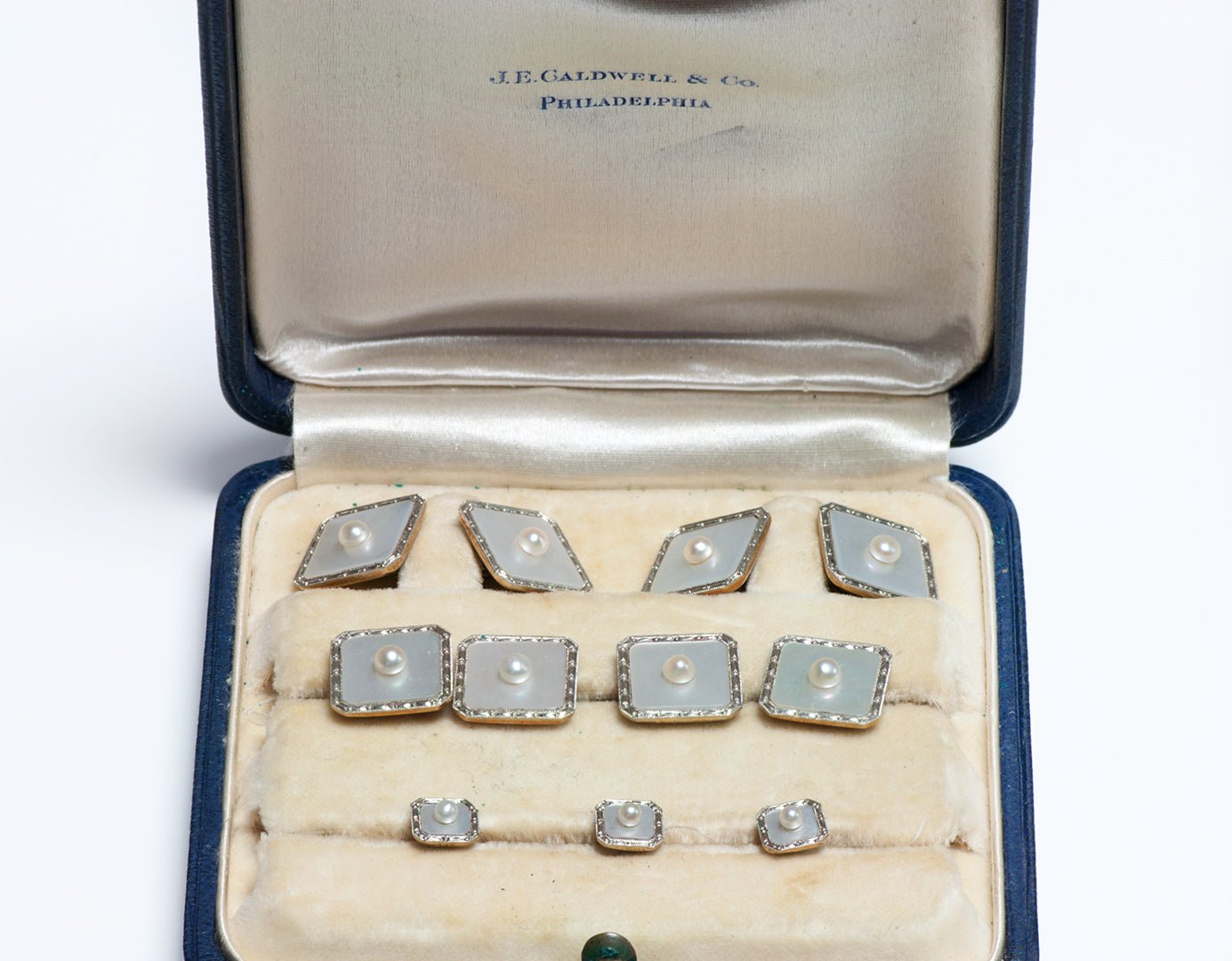J. E. Caldwell Art Deco 9 Piece Platinum Gold Pearl Cufflink Full Dress Set