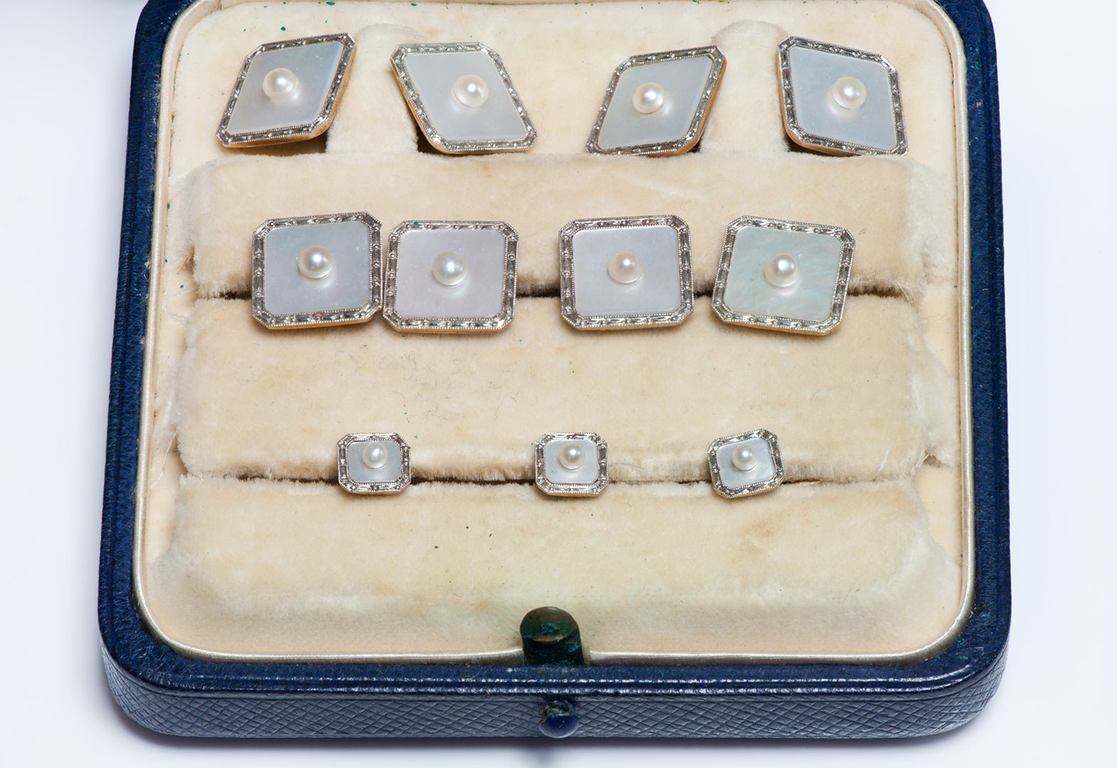 J. E. Caldwell Art Deco 9 Piece Platinum Gold Pearl Cufflink Full Dress Set