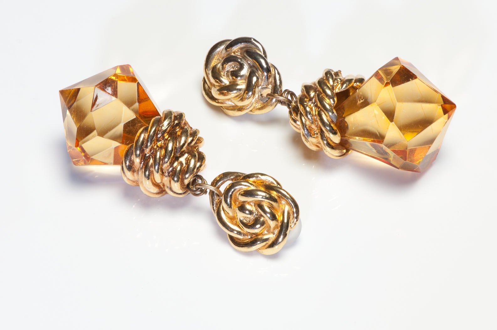 Jacky de G 1980's Paris Long Gold Plated Yellow Crystal Rope Twist Earrings