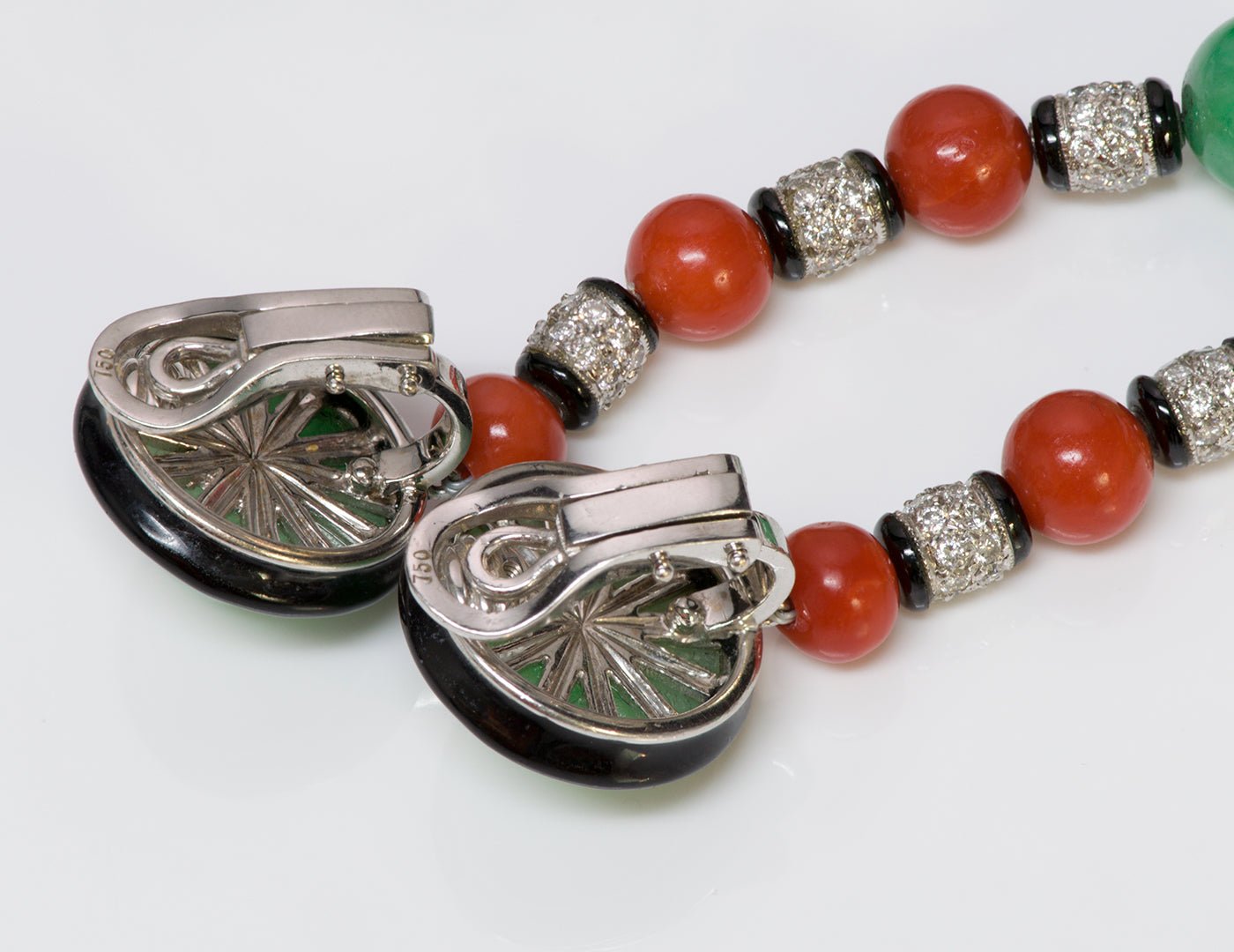 Jade Coral Diamond Enamel 18K Gold Earrings