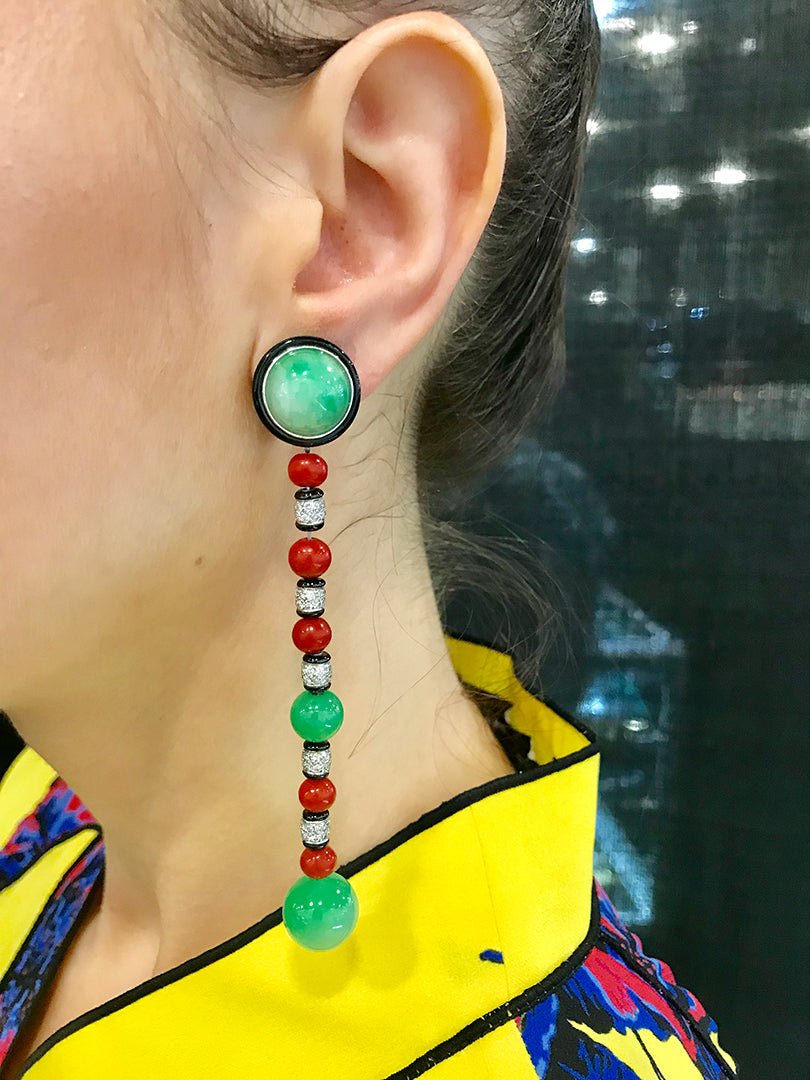 Jade Coral Diamond Enamel 18K Gold Earrings