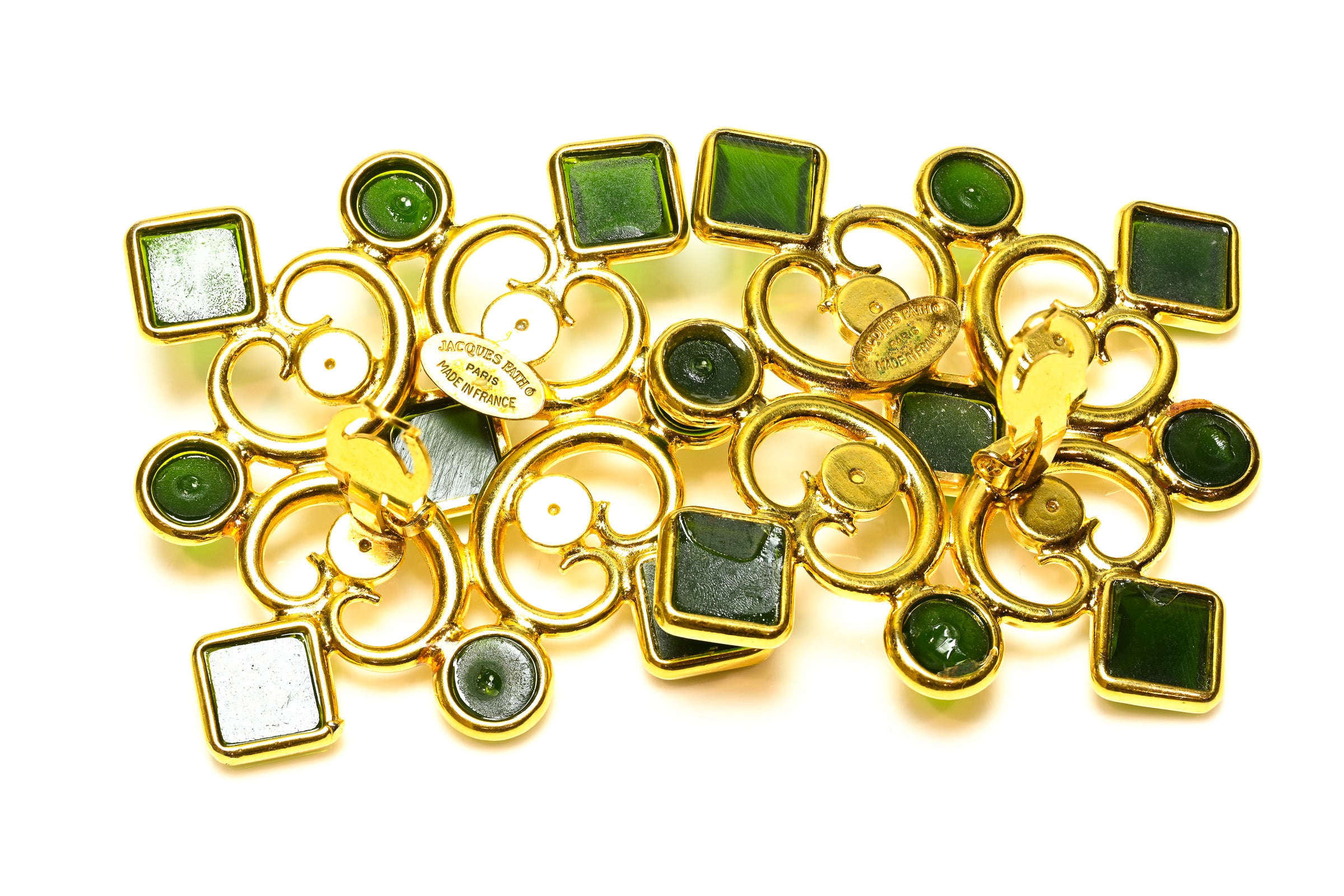 Vintage Jacques Fath Paris Green Cabochon Large Earrings 1