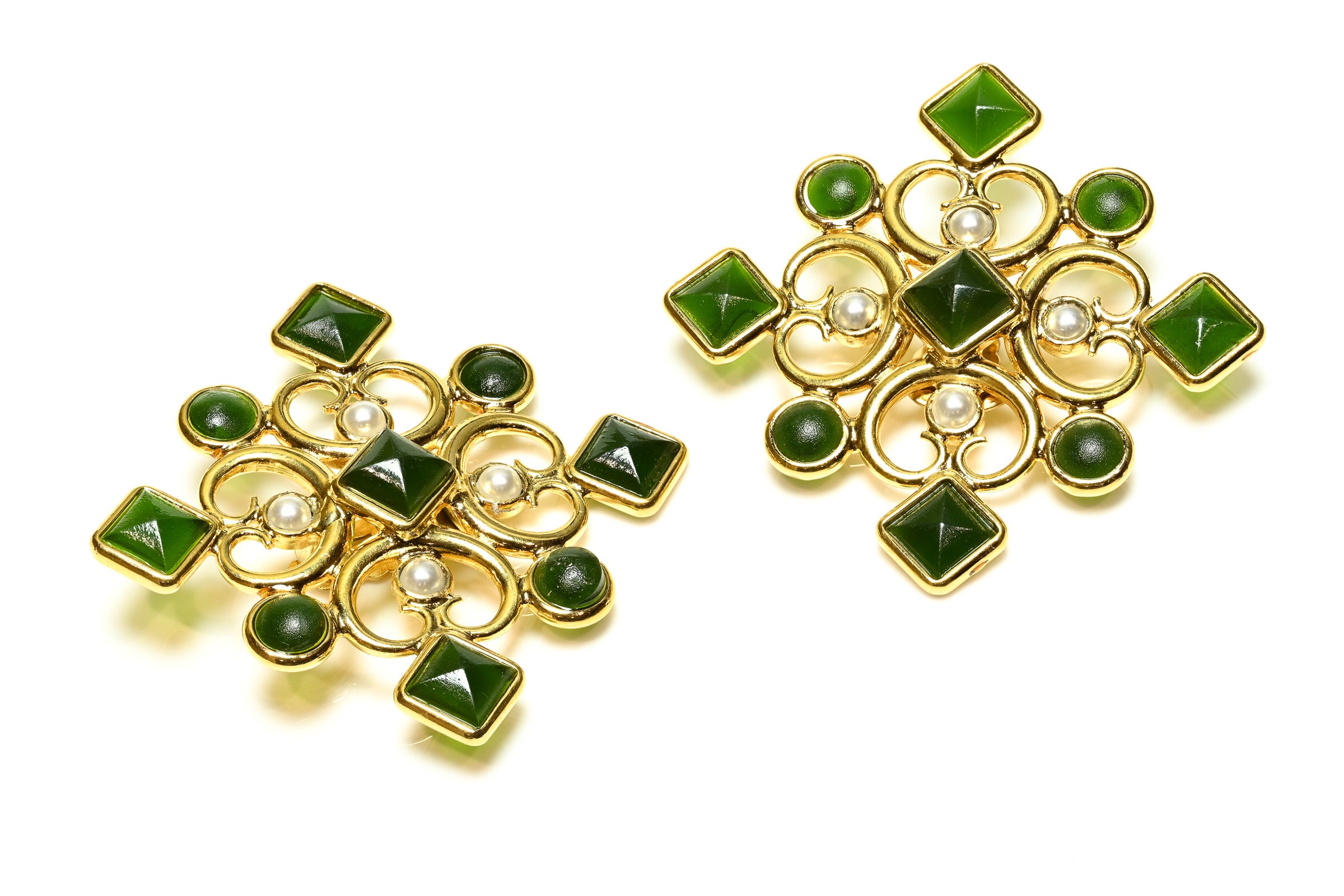 Vintage Jacques Fath Paris Green Cabochon Pearl Large Earrings